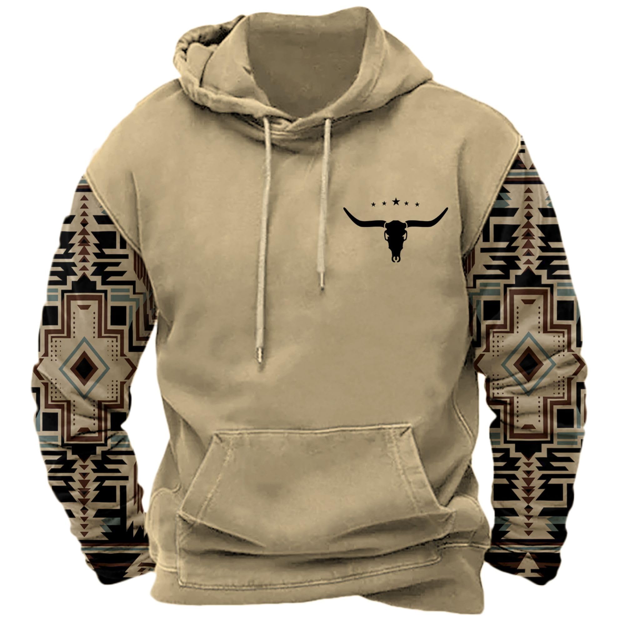 DMOYALA Men's Aztec Cow Skull Hoodie Western Sweatshirt with Hood Vintage Ethnic Tribal Graphic Patchwork Pullvoer