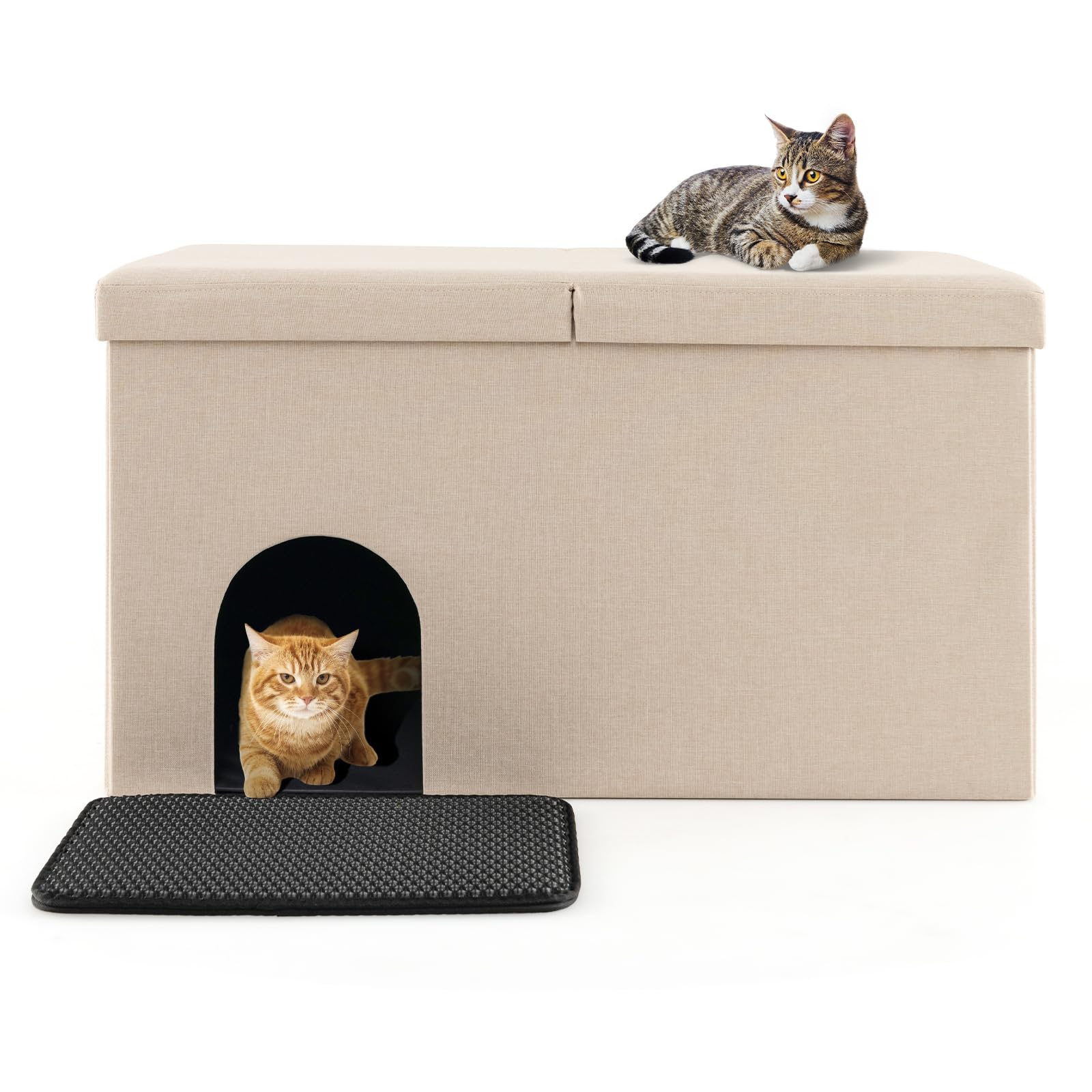 Maxmass Cat Litter Box Enclosure, Multifunctional Kitty House with Flip-up Lid, Carbon Filter & 2-Layer Mat, Home Shoe Bench for Bedroom, Living Room and Bathroom (Beige)