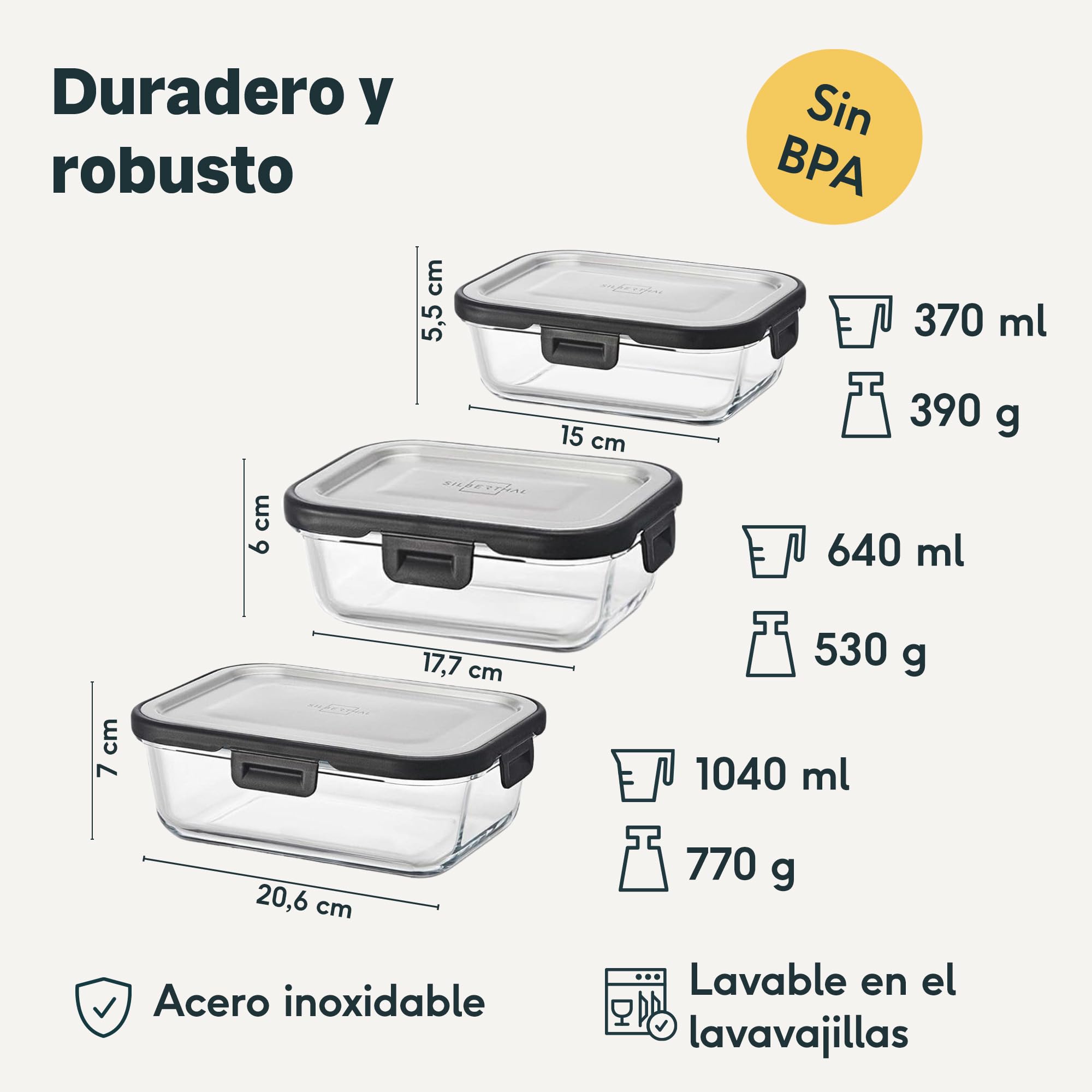 SILBERTHAL Set 3 fiambreras cristal herméticas - 370/640/1040ml microondas | Recipientes de cristal con tapa de Acero inoxidable - 370ml, 640ml y 1040ml - Vidrio DE borosilicato