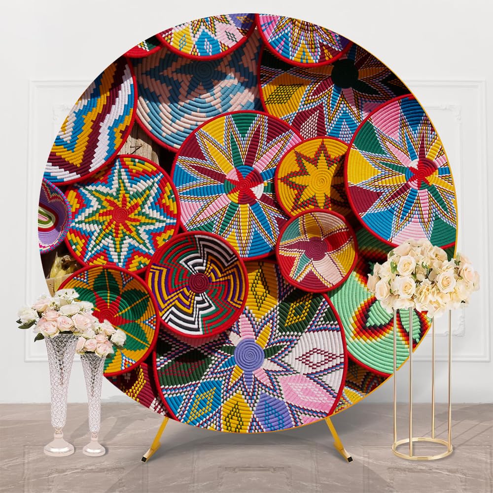 TTshouse Ethiopian Basket Pattern Round Holiday Backdrop Transnational Habesha Handmade Circle Cover Africa Ethiopia Background for Birthday Baby