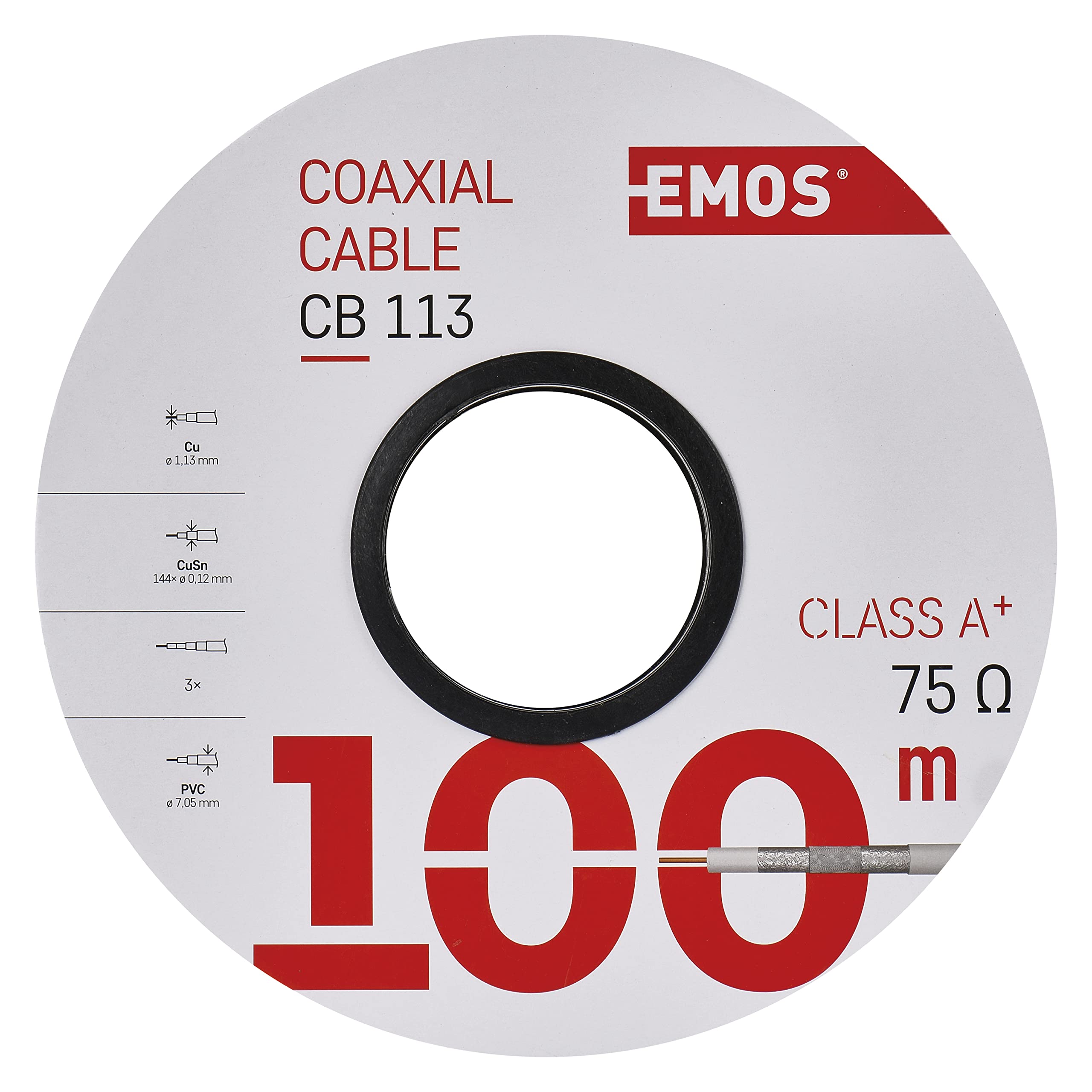 EMOS Kabel antenowy 100 m biały, kabel koncentryczny CLASS A do SAT, TV i CCTV, typ CB113, potrójnie ekranowany kabel telewizyjny, kabel satelitarny o wielkości ekranowania 95 dB, opór 75 omów