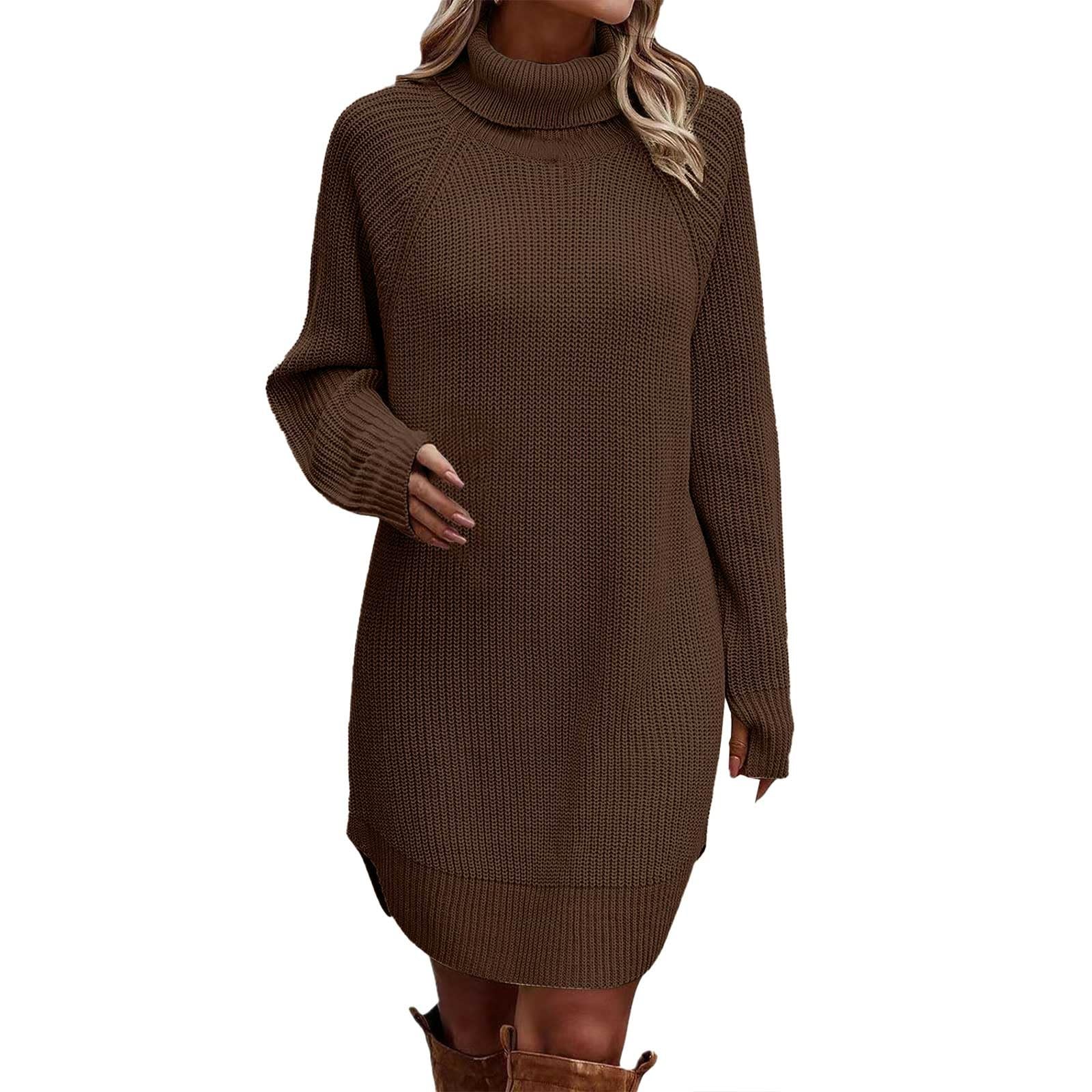 Heevina Sweaters for Women Dress Turtleneck High Neck Solid Color Thumb Holes Long Sleeve Dresses Jumpers Winter Top