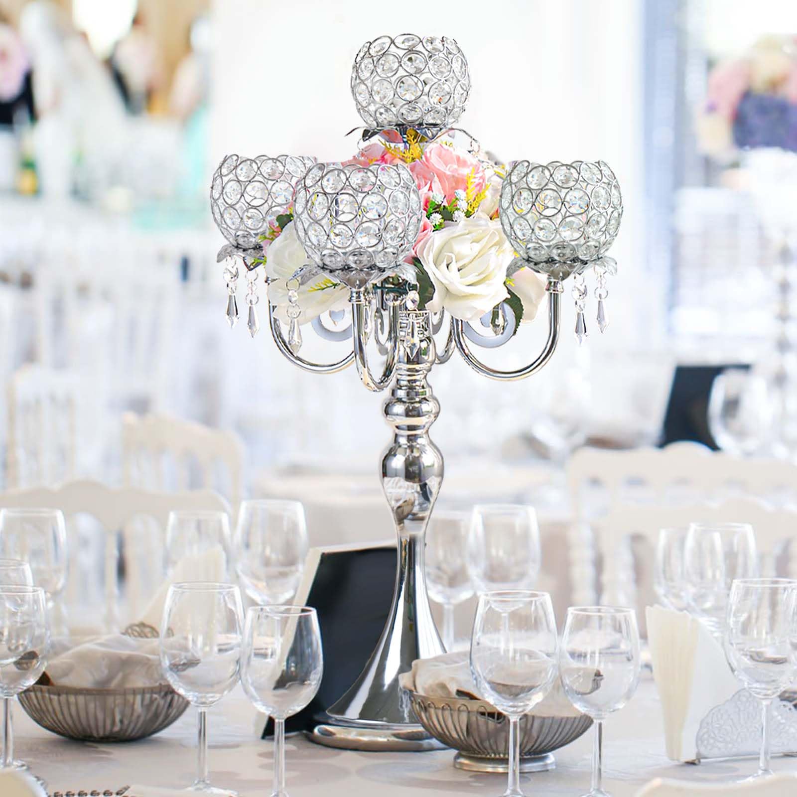 Portacandele dorato elegante centrotavola con ciondolo, decorazione da tavolo in cristallo, 5 bracci, per sala da pranzo, altezza 57 cm (1, argento)