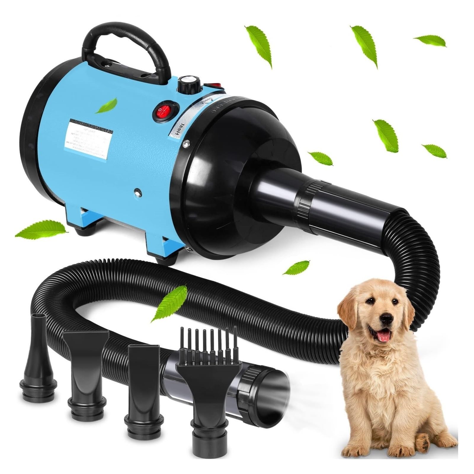 Suszarka do sierści zwierząt domowych o regulowanej prędkości z 4 dyszami Pies Kot Grooming Dmuchawa Ciepły nagrzewnica wiatrowa Zwierzęta Szybkoschnąca maszyna Szybkie Bezpieczne Suszenie(Yellow)