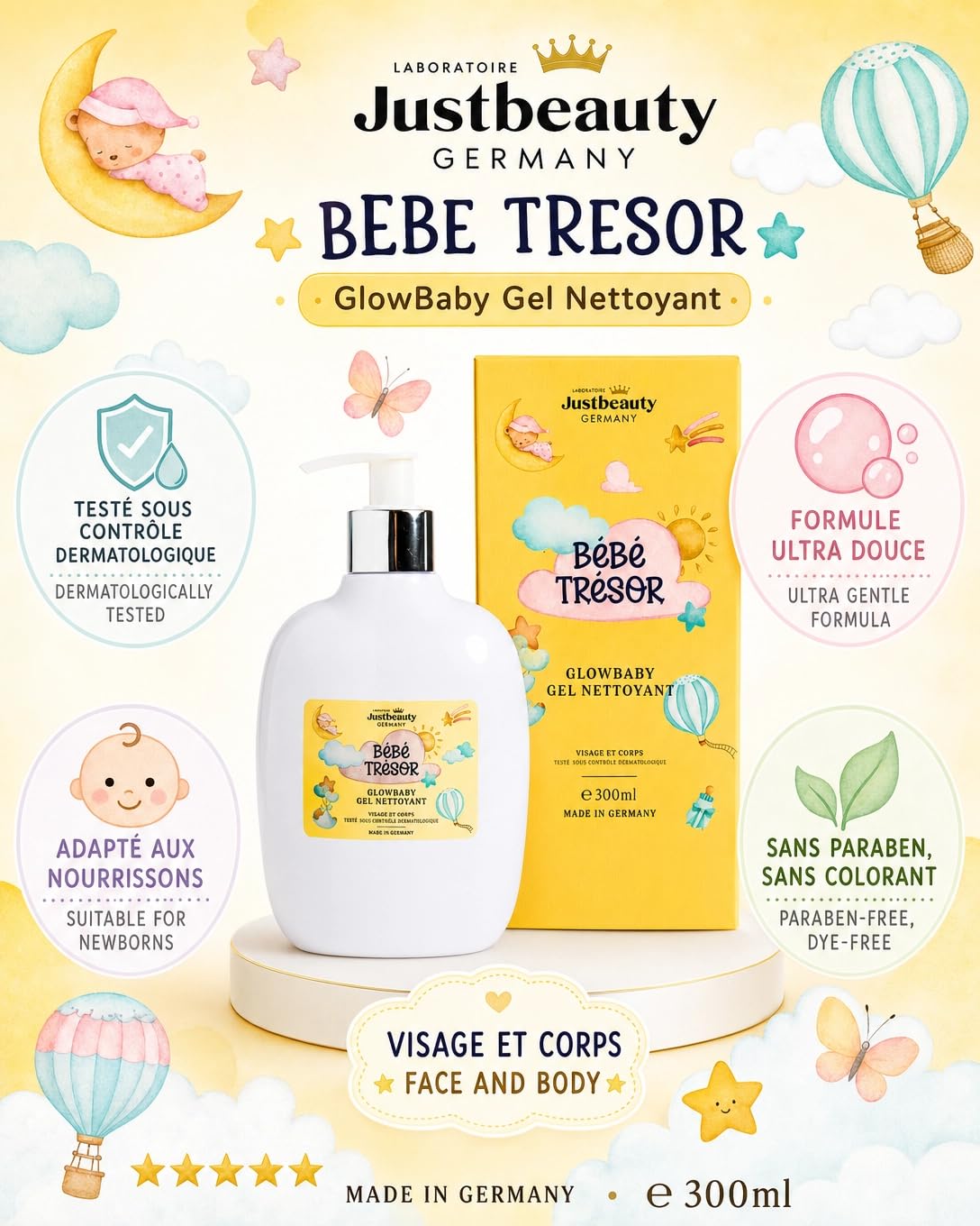 Bébé Trésor - Set per la cura della pelle sensibile del bambino, latte corpo 500 ml, gel doccia 300 ml, olio da massaggio naturale 200 ml