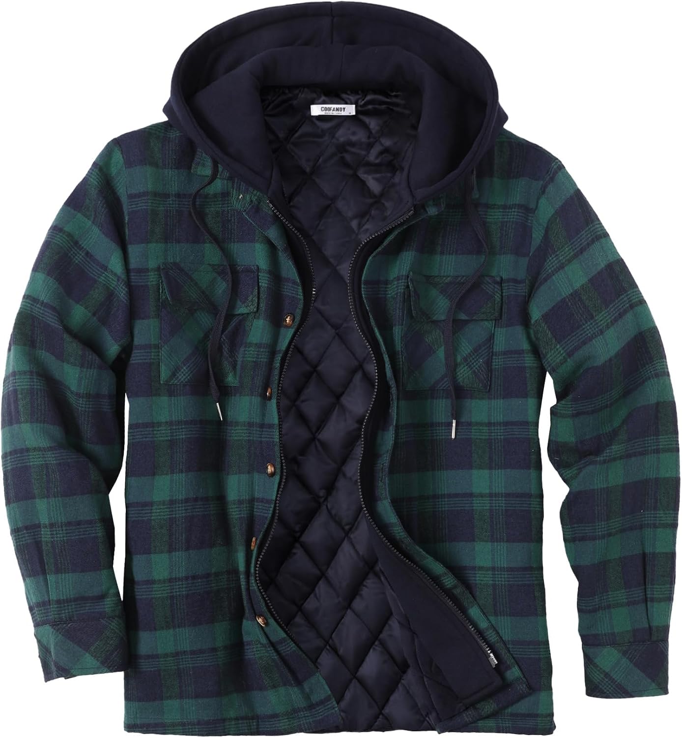 COOFANDY Men's Flannel Plaid Shirt Jacket Hooded Quilted Lined Shacket