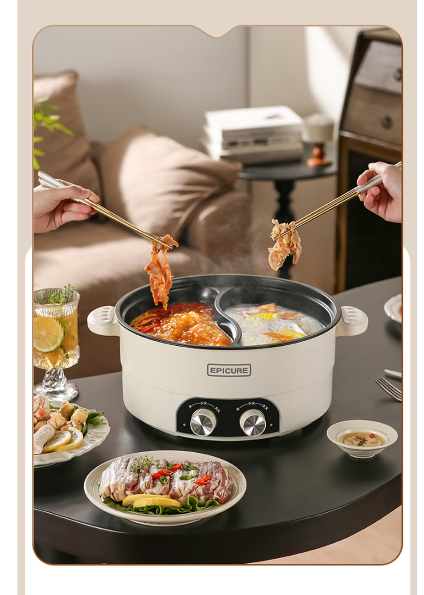 Cazuela eléctrica, Cocina y olla lenta, olla eléctrica multifuncional caliente, máquina de fondue china de dos sabores, con enchufe europeo (6.5L)