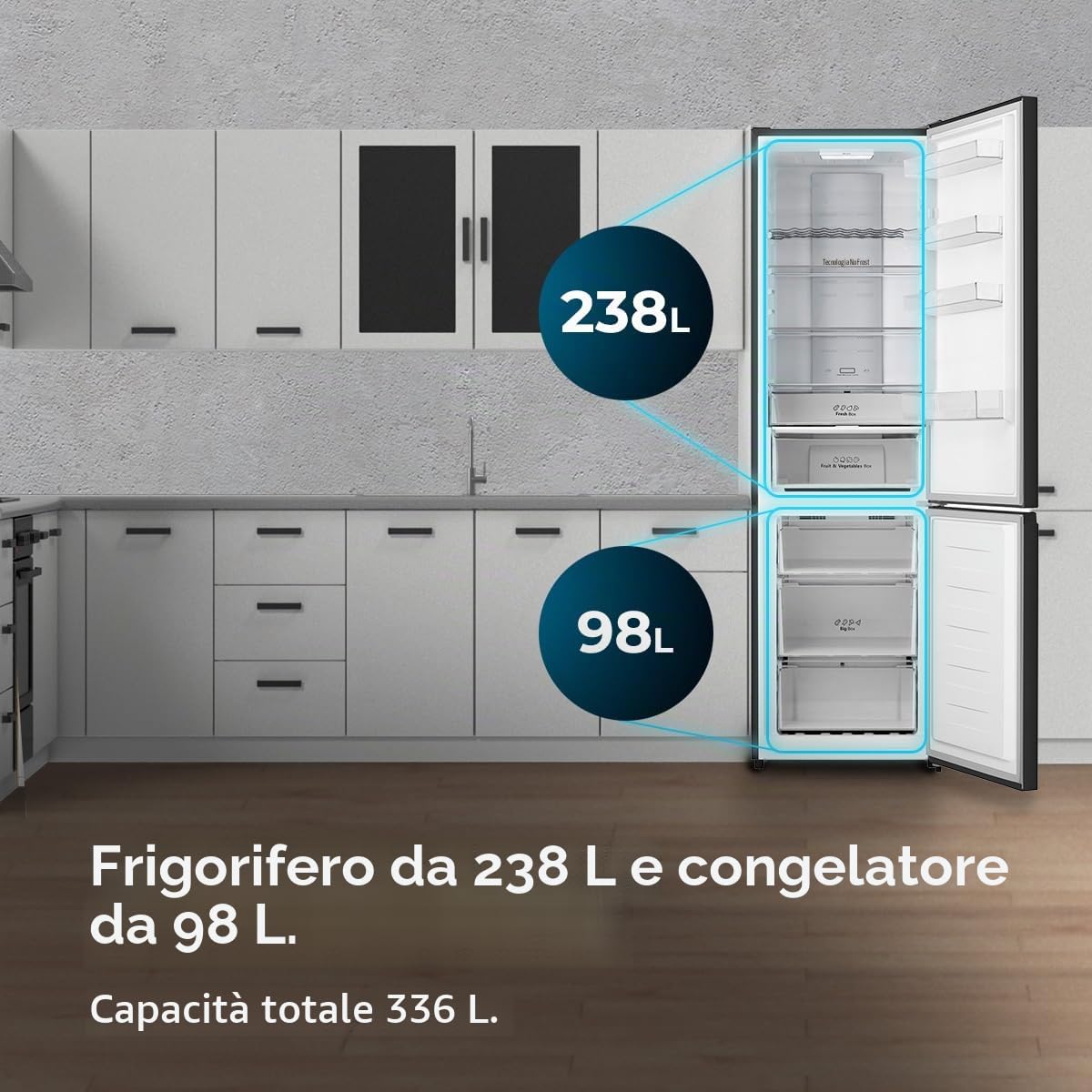Cecotec Frigorifero Combinato No Frost 336L Bolero CoolMarket Combi 336 Inox A. Altezza 201cm, Apertura 90º, Fresh Flex, Humidity Flex, Comp. Inverter Plus, Basso Consumo, Multi AirFlow, Modo Smart
