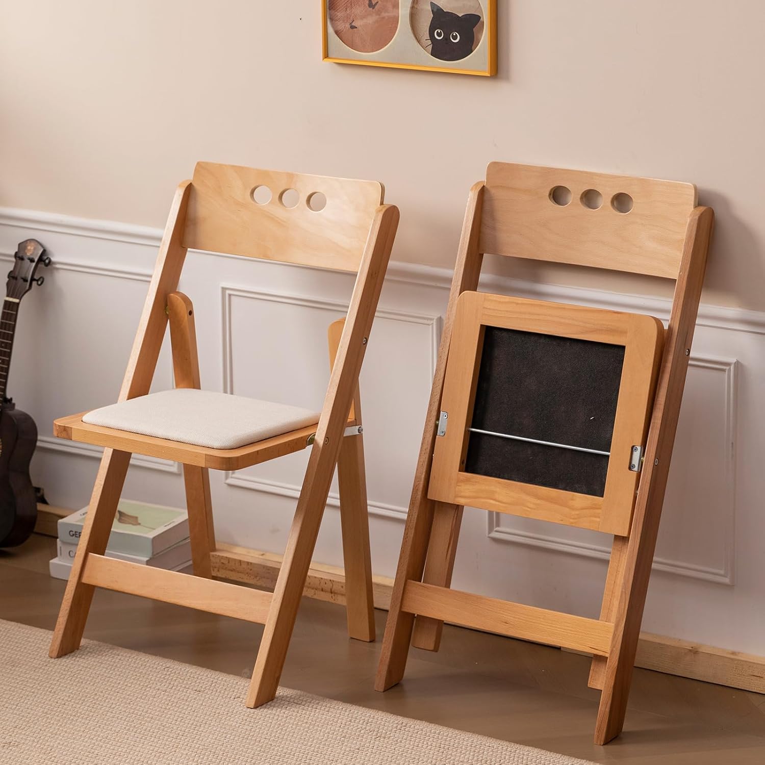 Wooden Folding Chair with Soft Cushion, Simple and Stylish, Comfortable and Durable, Suitable for Weddings, banquets and Events, 2 Sets, high backrest Natural?Linen pad Natural Set of 2