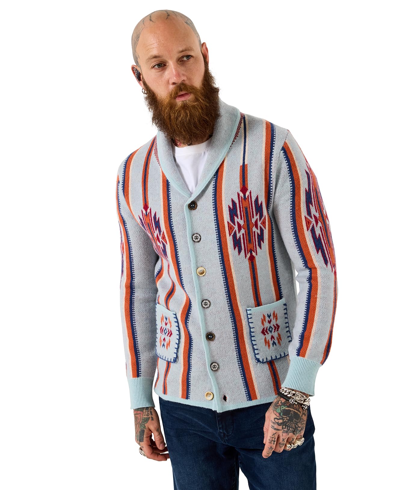 Joe Browns Men's Light Blue Western Inspired Aztec Cardigan, Regular, Blue, Uk L