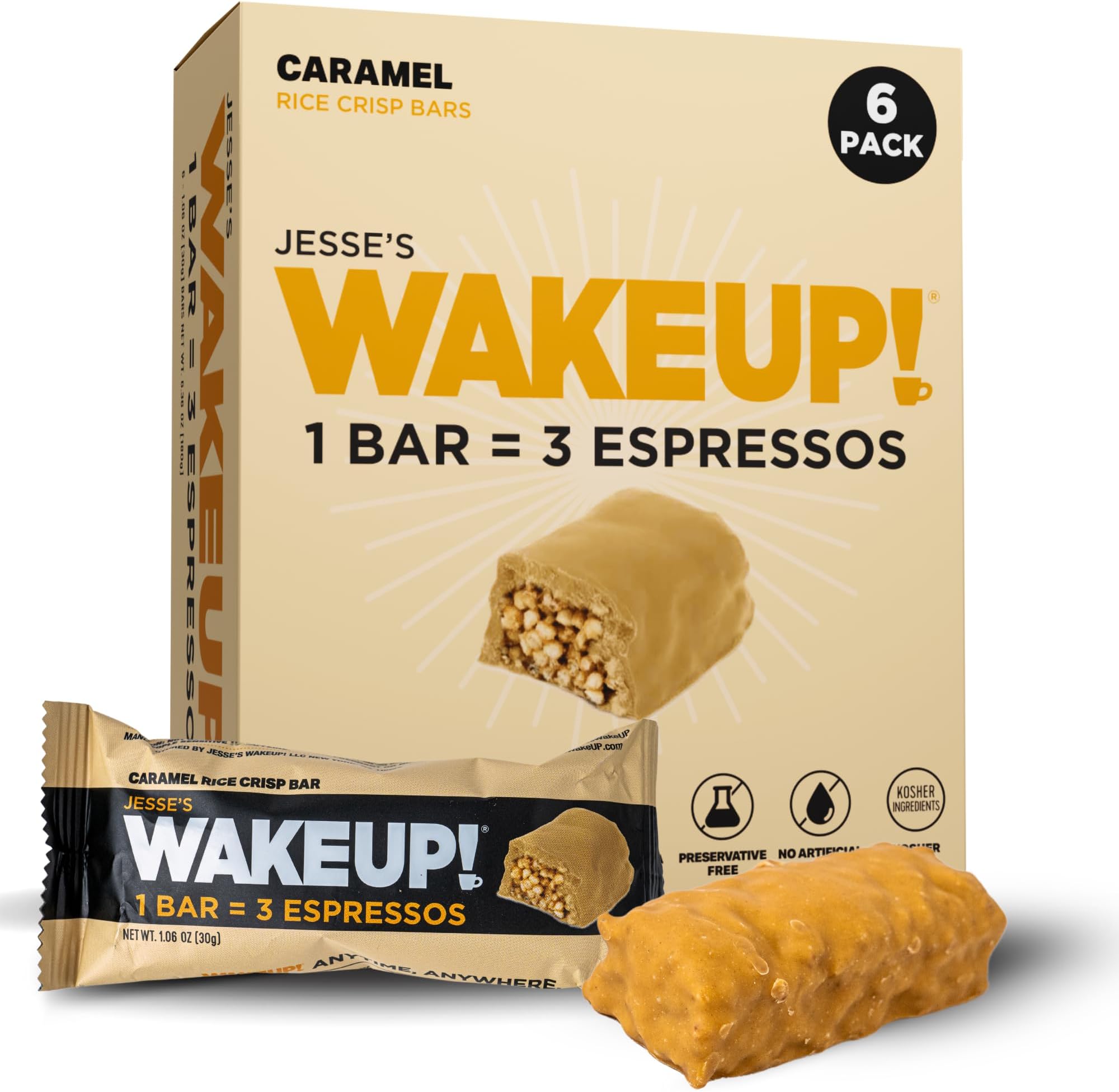 WAKE UP! Caffeinated Caramel Energy Bars - 350mg Caffeine Per Bar (3 Espressos) - Coffee Alternative for Extreme Energy & Focus - Vegetarian, Gluten-Free, Kosher - 6 Pack