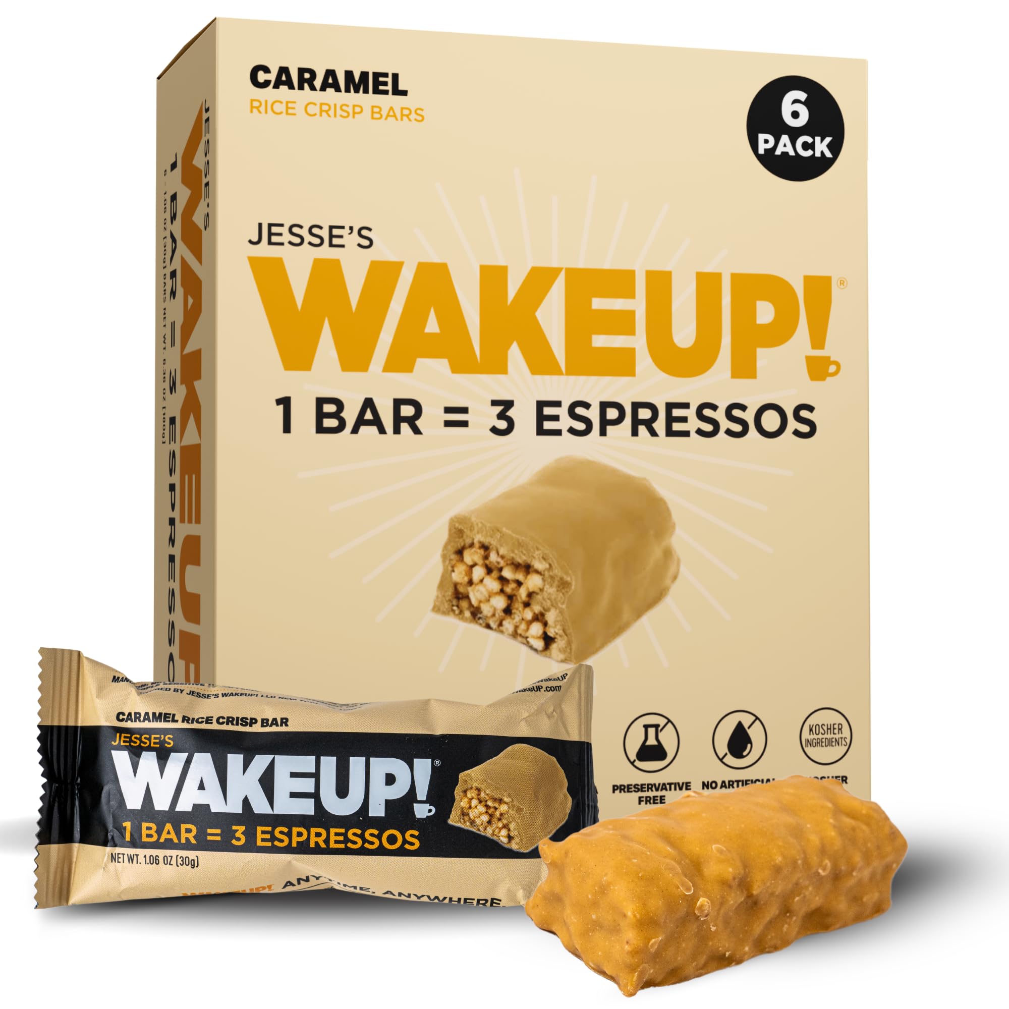 WAKE UP! Caramel Caffeinated Protein Bars (1 Bar = 3 Espressos) – 350mg Clean Caffeine for Energy, Focus & Happy Mornings – Gluten-Free, Kosher Ingredients, Vegetarian, Free Energy – 6 Pack