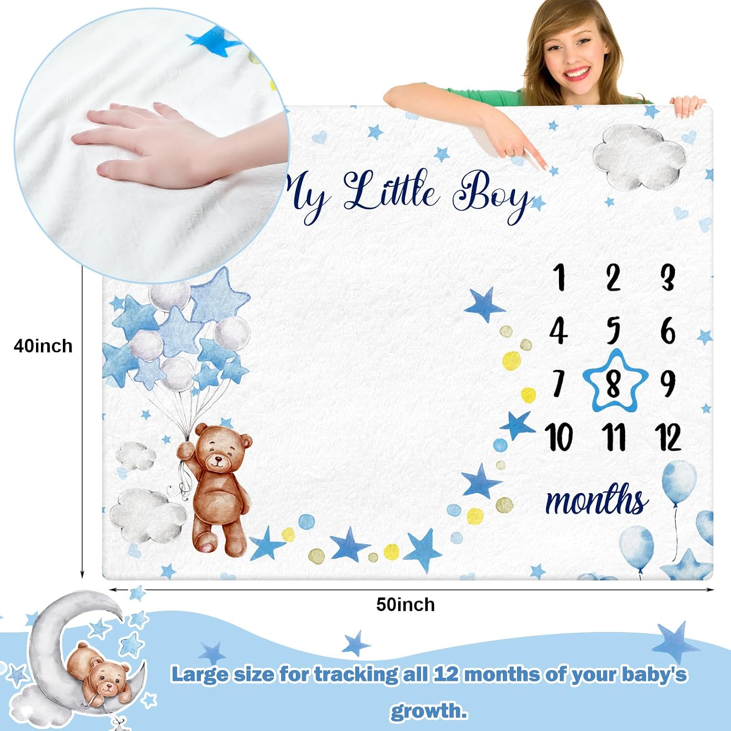 Mindsoft Sleeping Bear Monthly Baby Milestone Blanket Bear Star Balloon Flannel Blanket Boy Newborn Infant Swaddle Growth Baby Frame for Boys Girls Nursery (Blue)