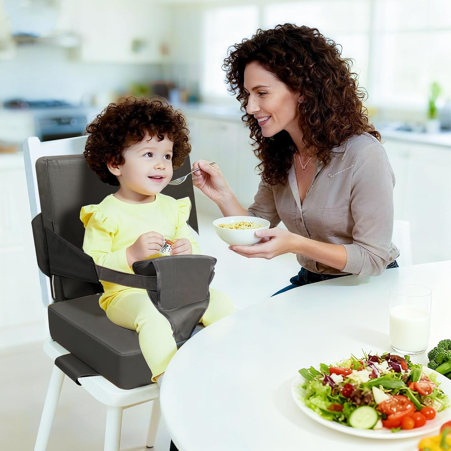 Toddler Booster Seat for Kitchen Chair - Portable PU Waterproof Dining Table Booster Cushion with Backrest and Adjustable Straps, Safe Toddler Seat for Table Eating (Fits Most Chairs)