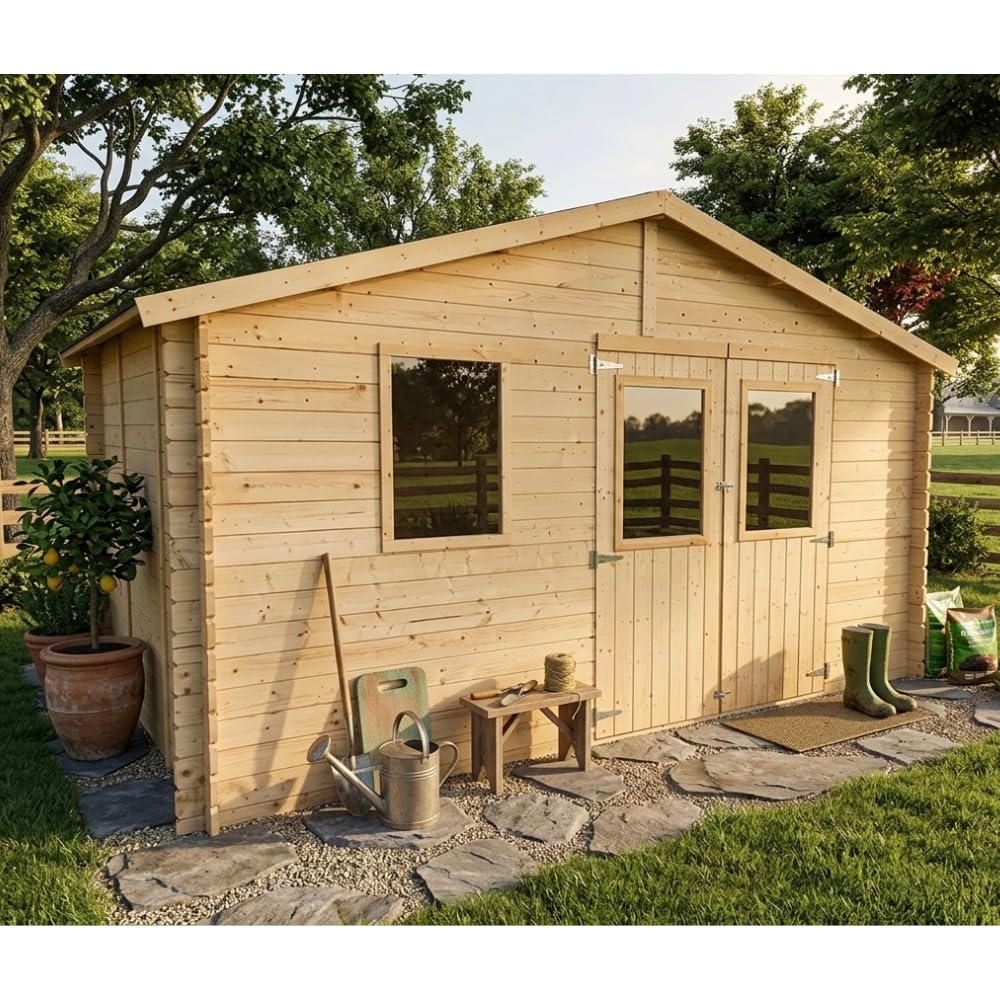 Casetta da Giardino in Legno Diana 4x2,5 m, Pareti 25 mm Blockhouse, Porta Doppia Finestrata e Finestra Laterale, Capanno per Attrezzi e Deposito da Esterno in Abete Naturale