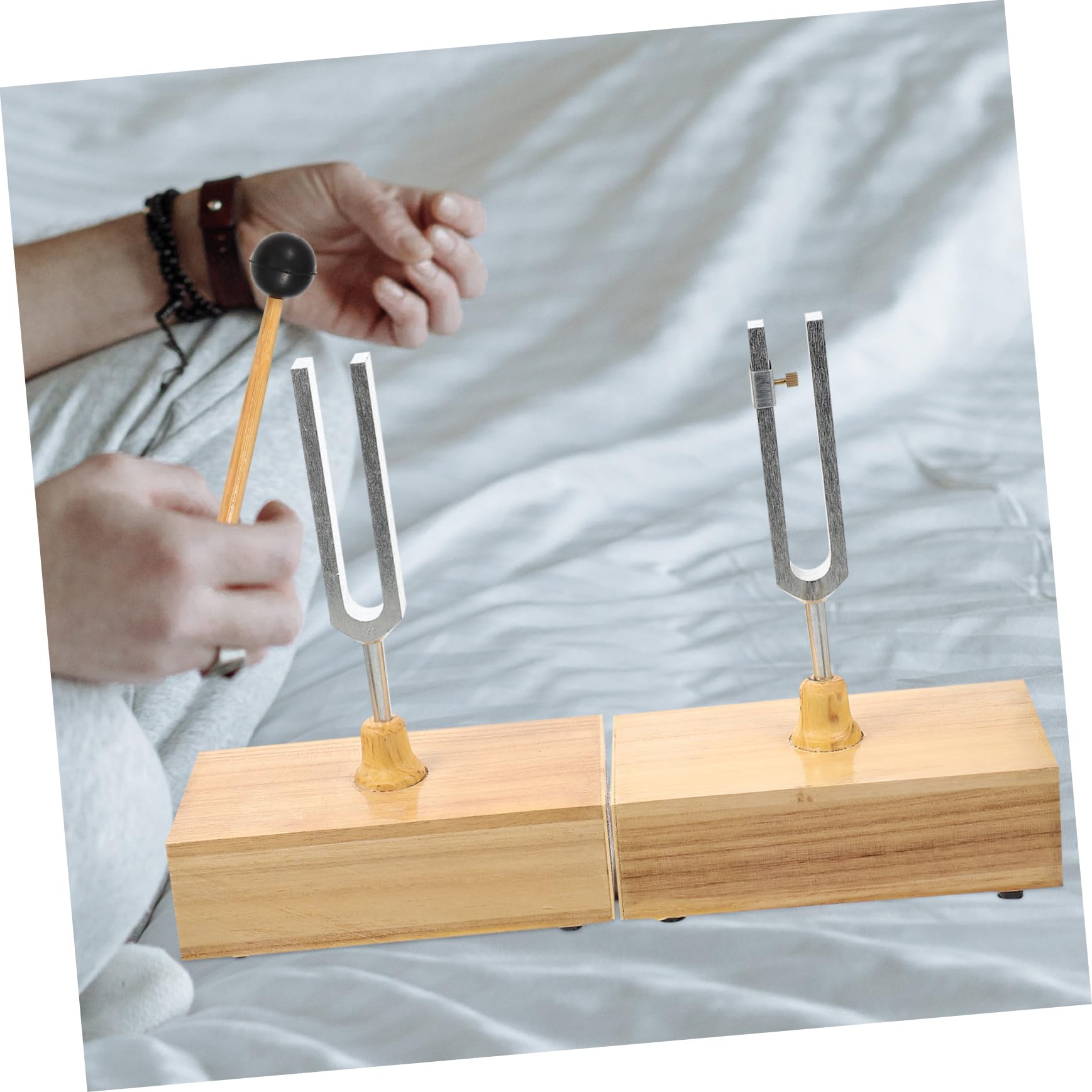 Toyvian Set di Diapason per Esperimenti Fisici con Base di Legno e Martello, Accordatura Precisa e Regolabile per Esperimenti Acustici e Didattici, Diapason 440hz in Metallo