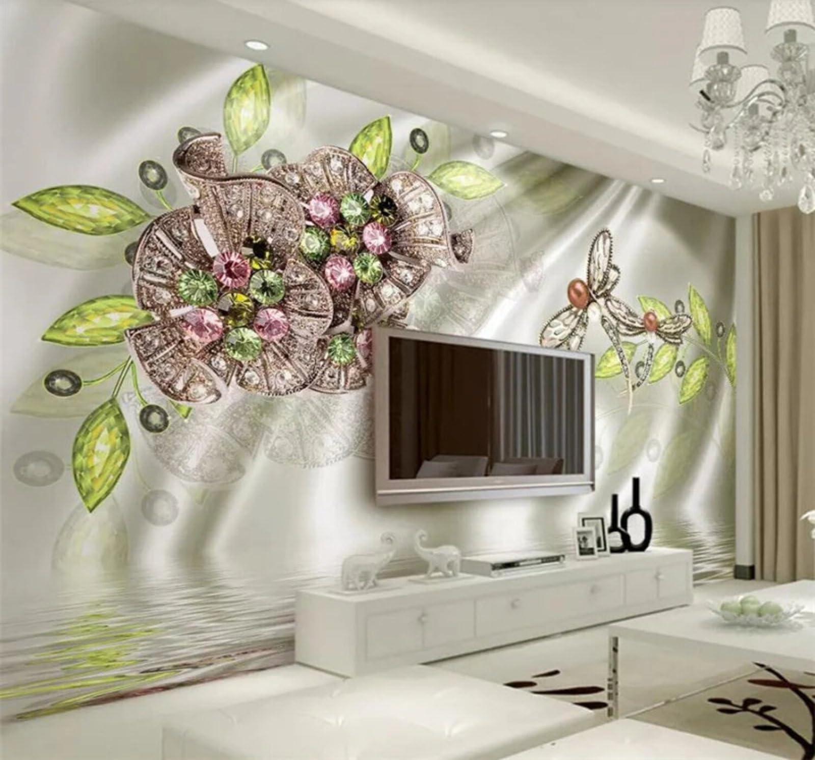 Fresh Three Dimensional Crystal Flower Silk Jewellery 3D Wallpaper Easy Install Feature Office Living Room Sofa Bedroom TV Background Wall Decoration-150cm×105cm