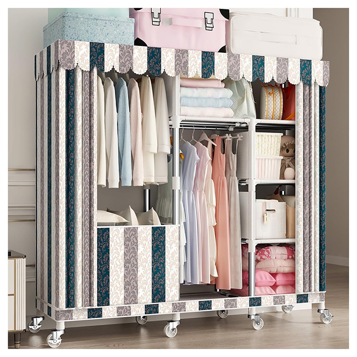 Armoire portative à roulettes 143x45x170cm avec 6 étagères et 2 tringles de suspension