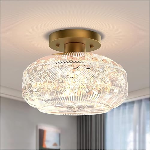 Industrial Semi Flush Mount Ceiling Light Fixture,Gold Hallway Light,Globe Glass Light Fixture Ceiling,Vintage Ceiling Lamp,Farmhouse Light for Entryway Kitchen Bathroom Laundry Room,Bulb Not Included