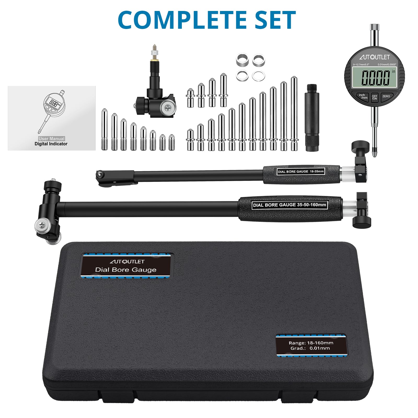 AUTOUTLET Calibrador de Diámetro Interior Digital, Calibrador de Orificios 0.01mm Precisión, Herramienta de Medición Interna de Cilindros con Cabezales Intercambiables y Estuche ABS (18-160mm)