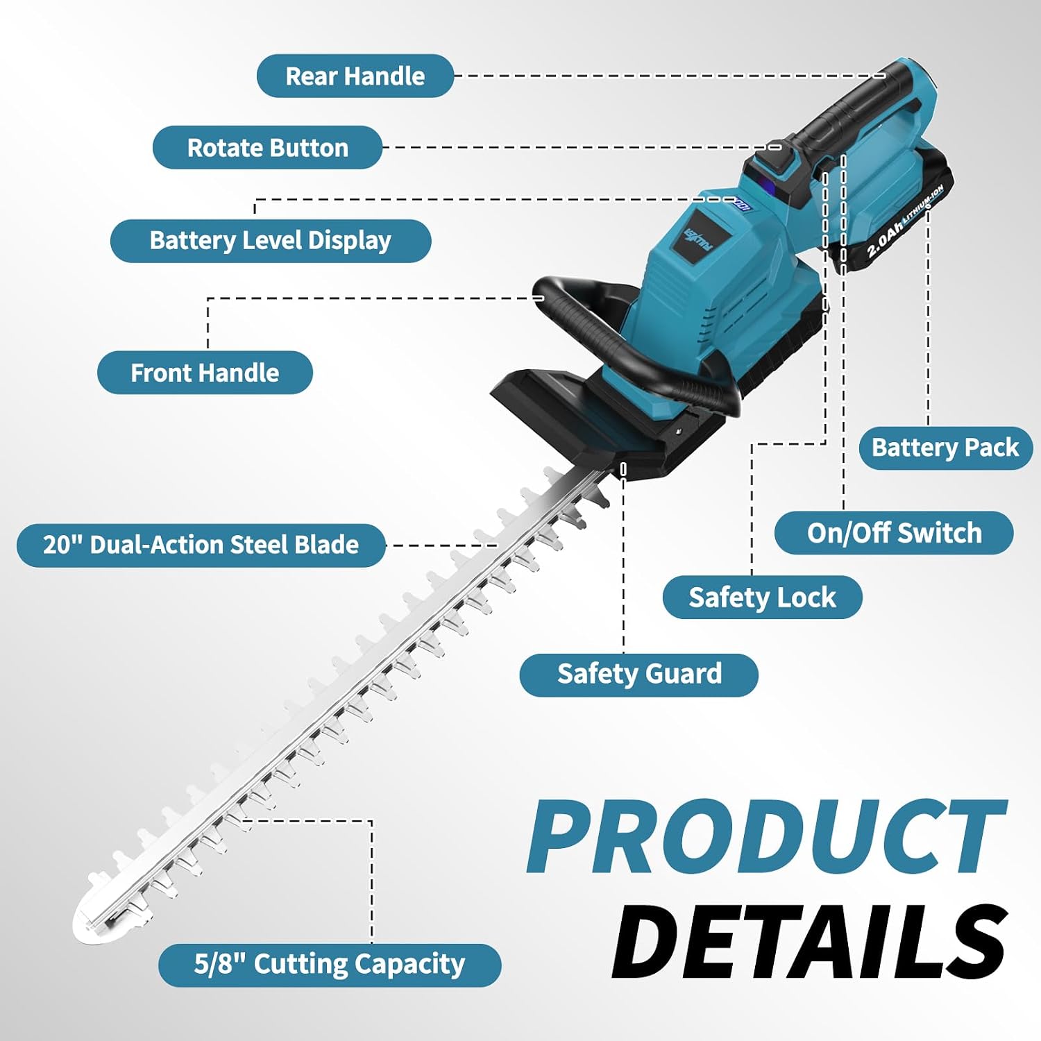 FULLYEA Cordless Hedge Trimmer 20", Electric Hedge Cutter with 2 * 2.0Ah Batteries & Charger, 21V Handheld Bush Trimmer, Lightweight Grass Trimmer, Battery Powered Shrub Trimmer (Blue)