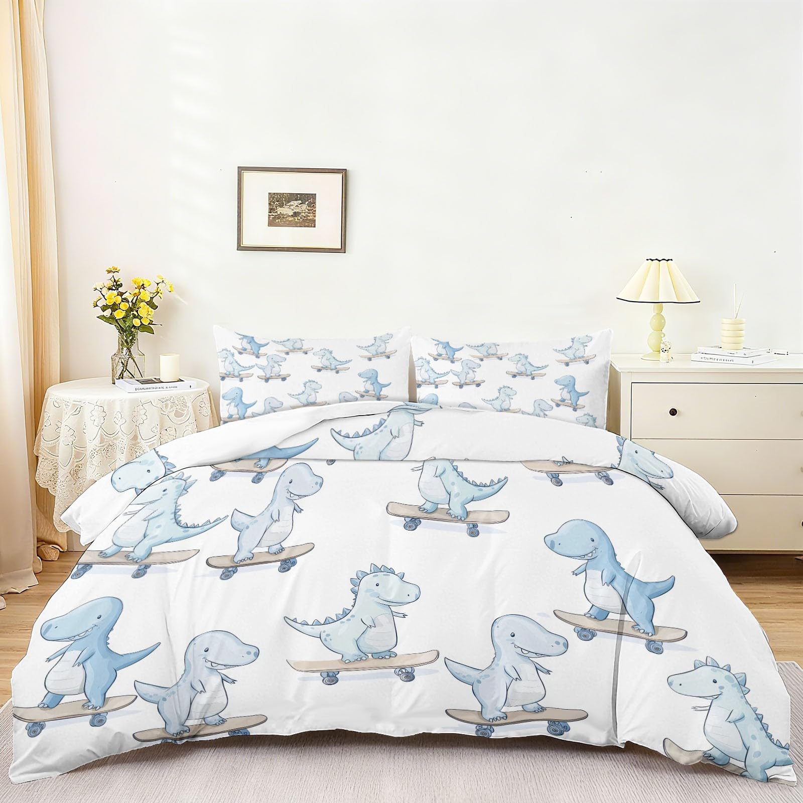 Poszwa na kołdrę 200 x 200 cm niebieski biały dinozaur deskorolka uroczy - 2-osobowy zestaw pościeli z miękkiej mikrofibry - zestaw pościeli z zamkiem błyskawicznym i 2 poszewkami na poduszki