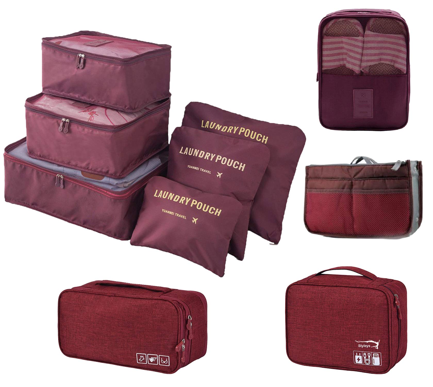 Styleys Packing Cubes Set of 10 Travel Luggage Organizers with Shoe Bag or Electronic Accessories Organizer Bag or Lingerie Cosmetic Organizer Case or Hand Bag Organiser (Maroon - S11003AA)-image-6
