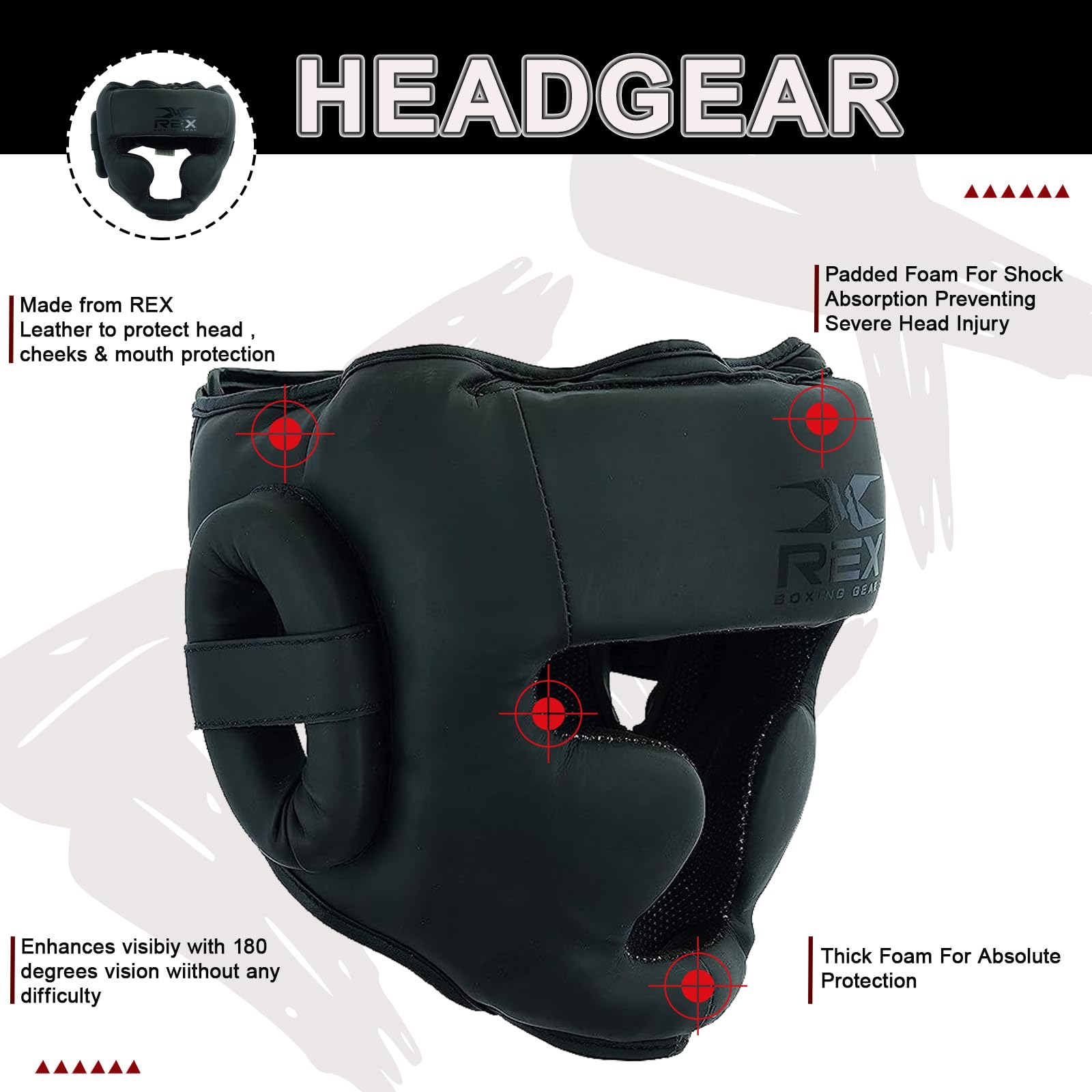 REX Boxing Headgear, MMA Martial Arts Head Gear, Made Rex Leather Muay Thai Headgear with Thick Padding (Small, Matt Black) (Matt Black, Large)