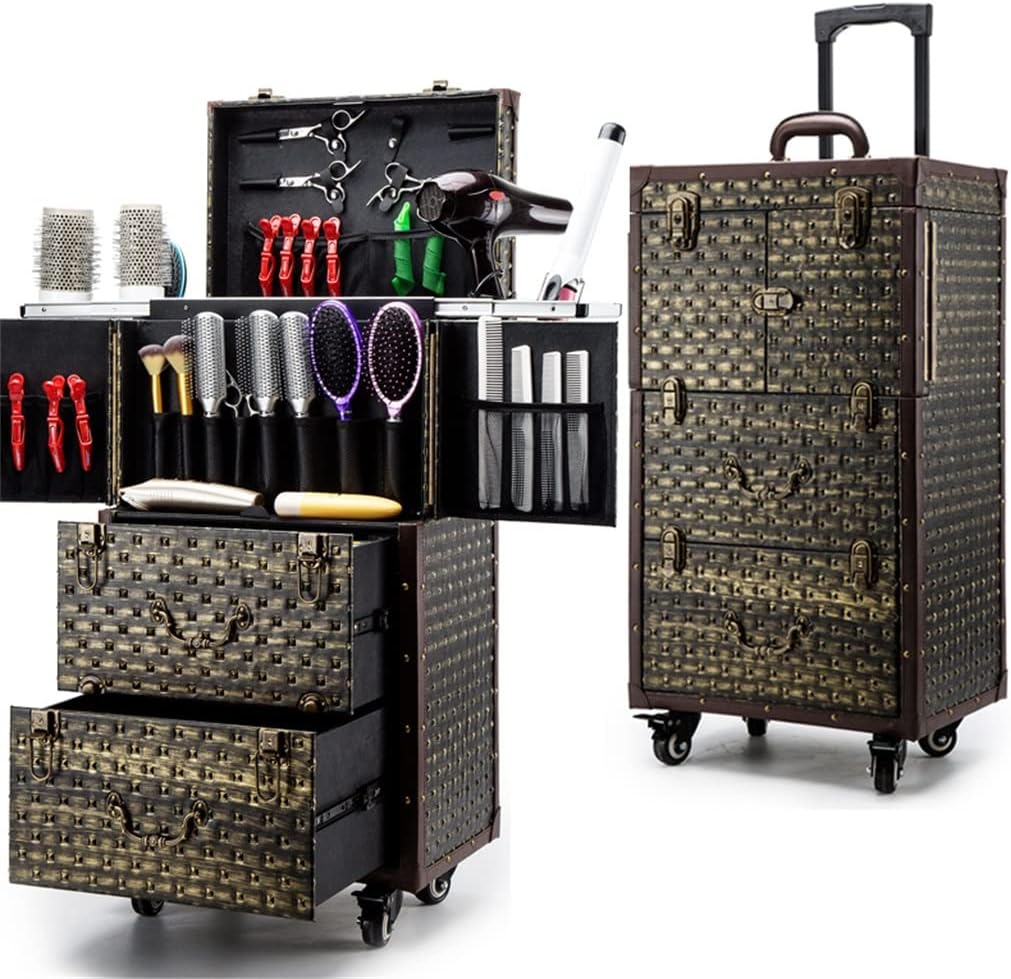 Men's Hairdressing Rolling Luggage Trolley Case Travel Ladies Makeup Travel Case Makeup Beauty Large Capacity Toolbox(D)