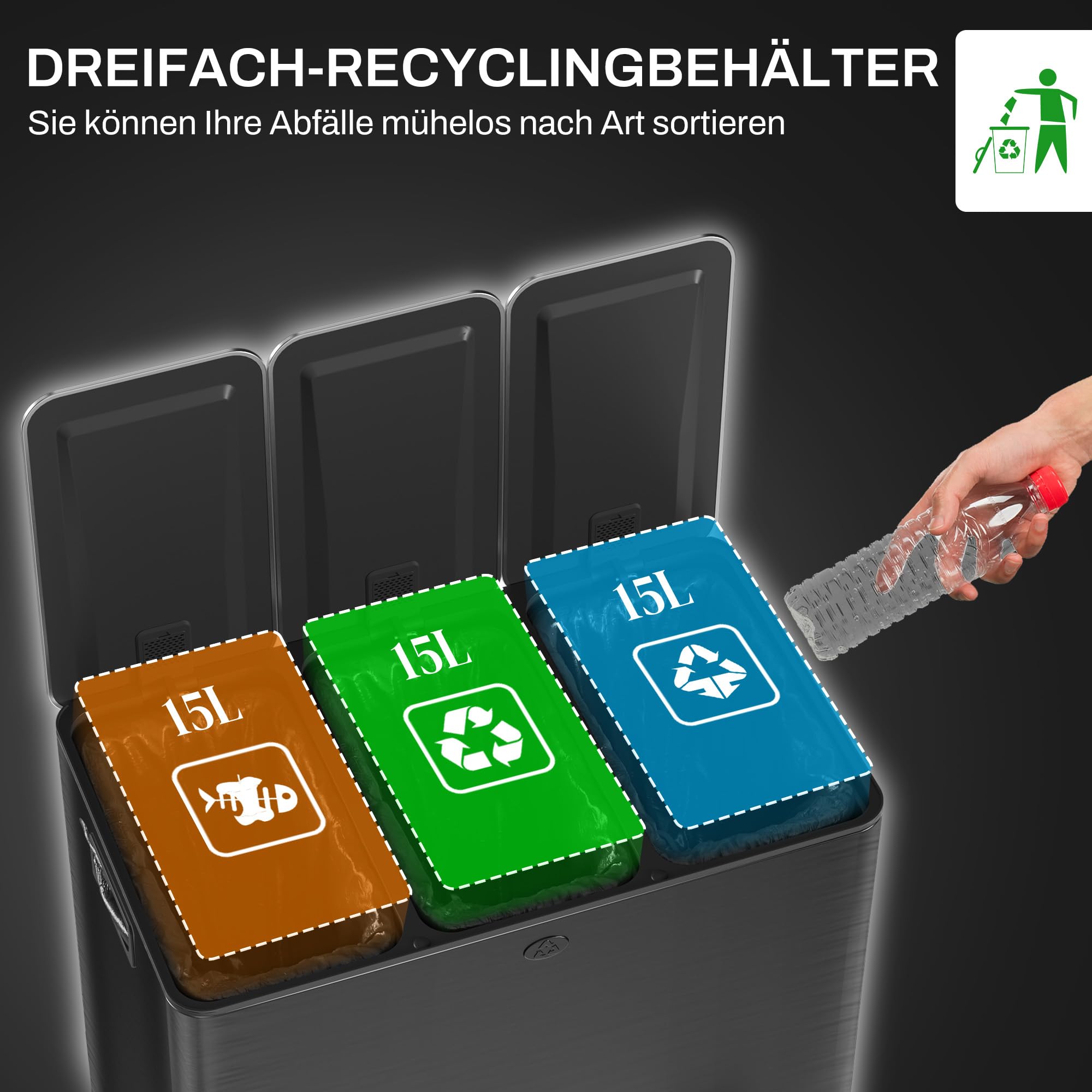 HOMCOM Mülleimer Küche Treteimer 3x15L 61,9x36,6x43,2 cm Schwarz | Softclose-Deckel, Pedal, Mülltrennsystem, 3 Fächer, inkl. Inneneimer, Abfalleimer, Abfallsammler, Edelstahl