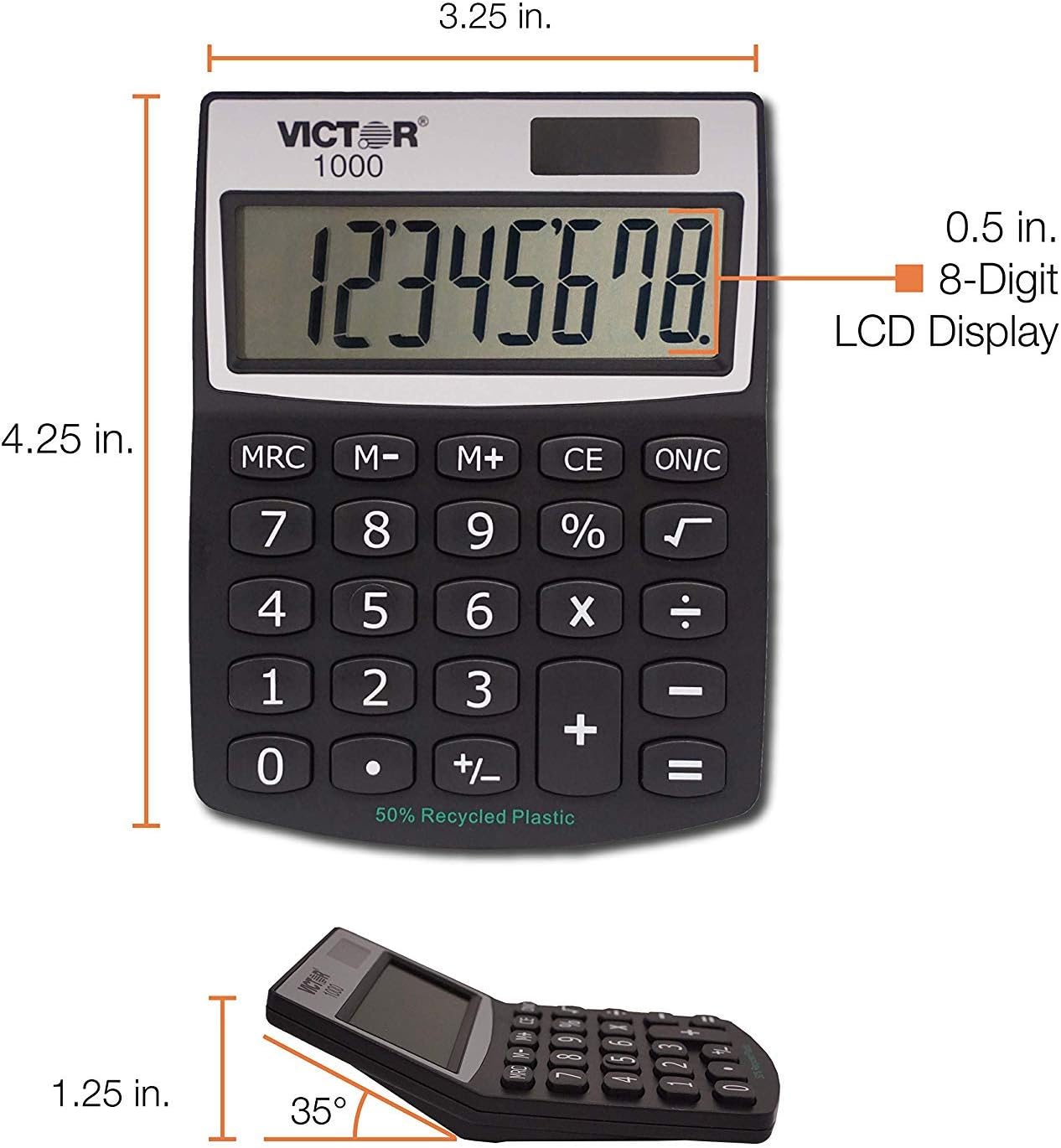 Victor 1000 8-Digit Standard Function Calculator, Battery and Solar Hybrid Powered Angled LCD Display, Great for Home and Office Desks / 10 Pack