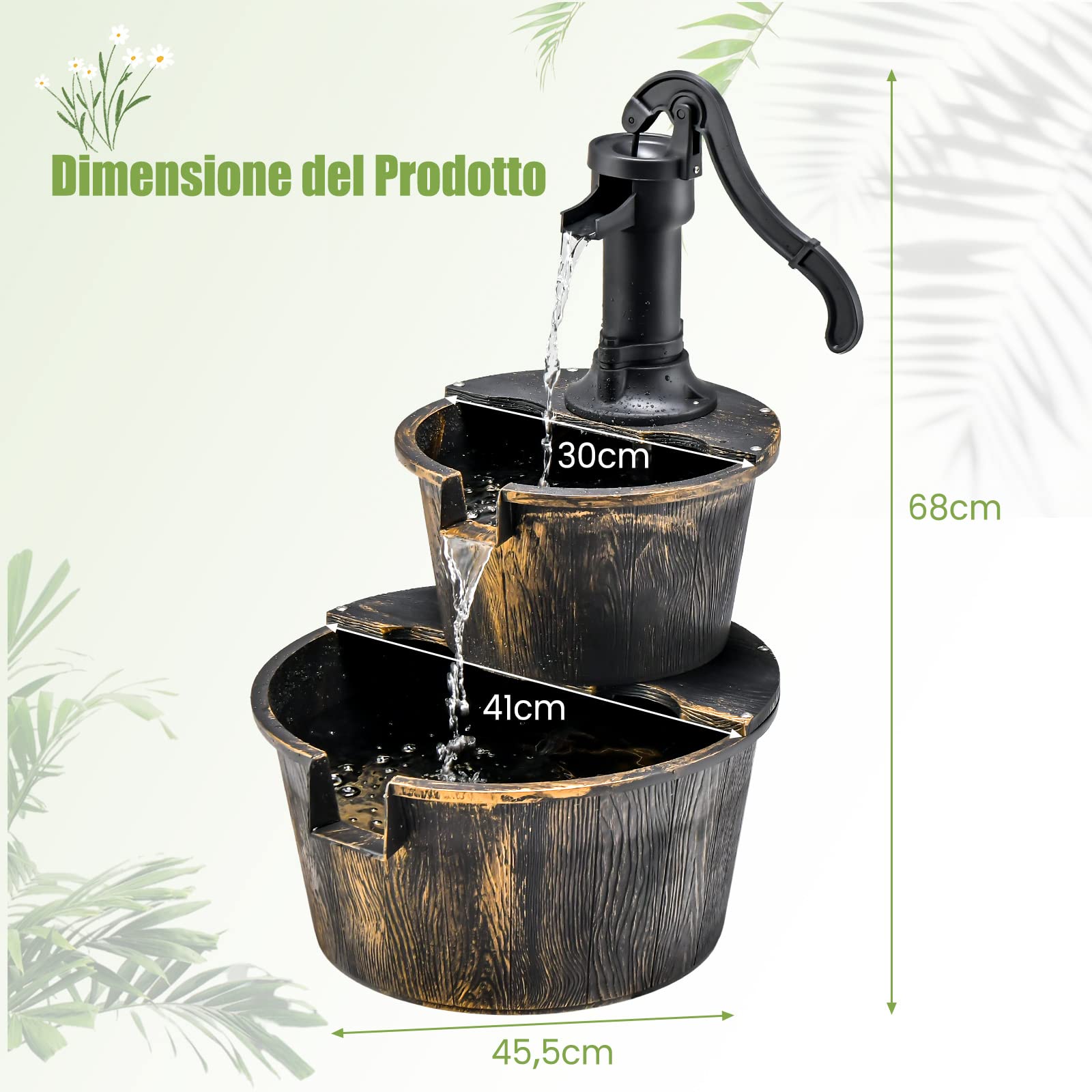 COSTWAY Fontana da Giardino, Fontana da Esterno a 2 Livelli con Pompa Regolabile e Ricircolo di Acqua, Fontanella per Giardino Prato e Terrazza, 45,5 x 41 x 68 cm, Bronzo Antico