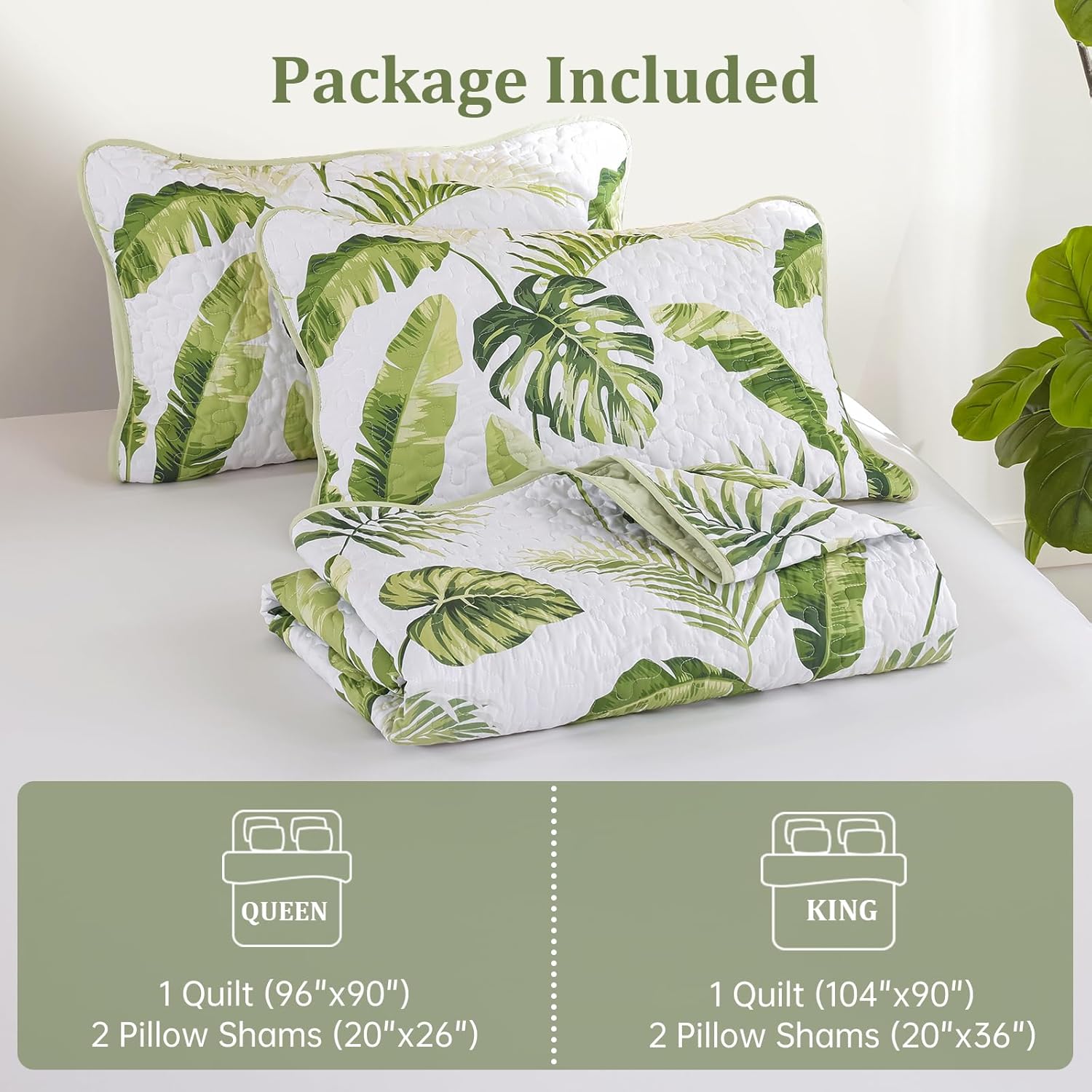 Luxudecor Tropical Plants Quilt Set King Size 3 Pieces Green Palm Botanical Bedspread Rainforest Style Bedding Set Soft Lightweight Bed Cover All Season 104"x90" - Image 7