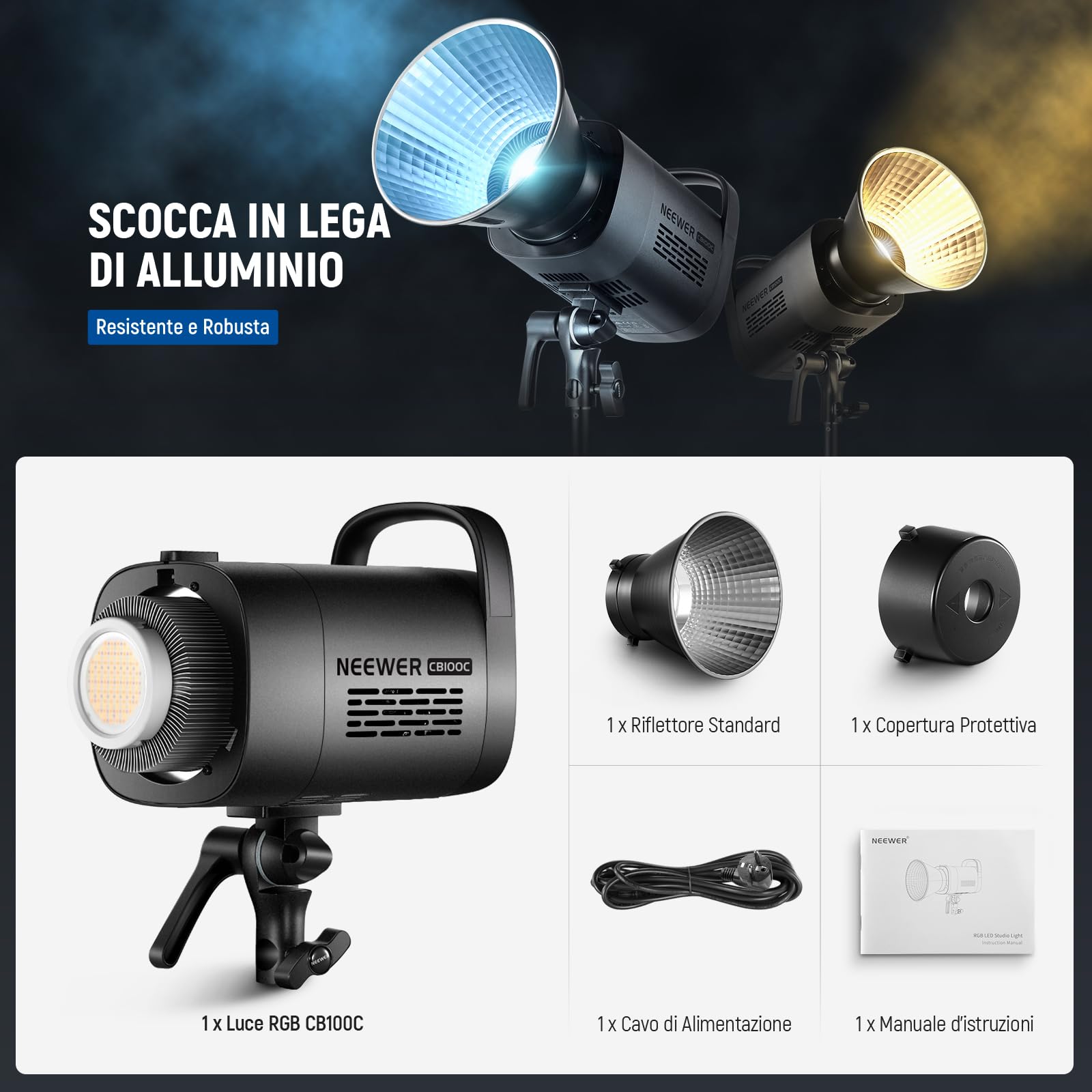 NEEWER CB100C Luce Video LED RGB 130W, Controllo APP/2.4G Colore Pieno 360° Luci Studio 2700K-6500K 27000lux/m COB Bowens Mount Illuminazione Continua Silenziosa TLCI/CRI97+ 17 Scene Video Fotografia