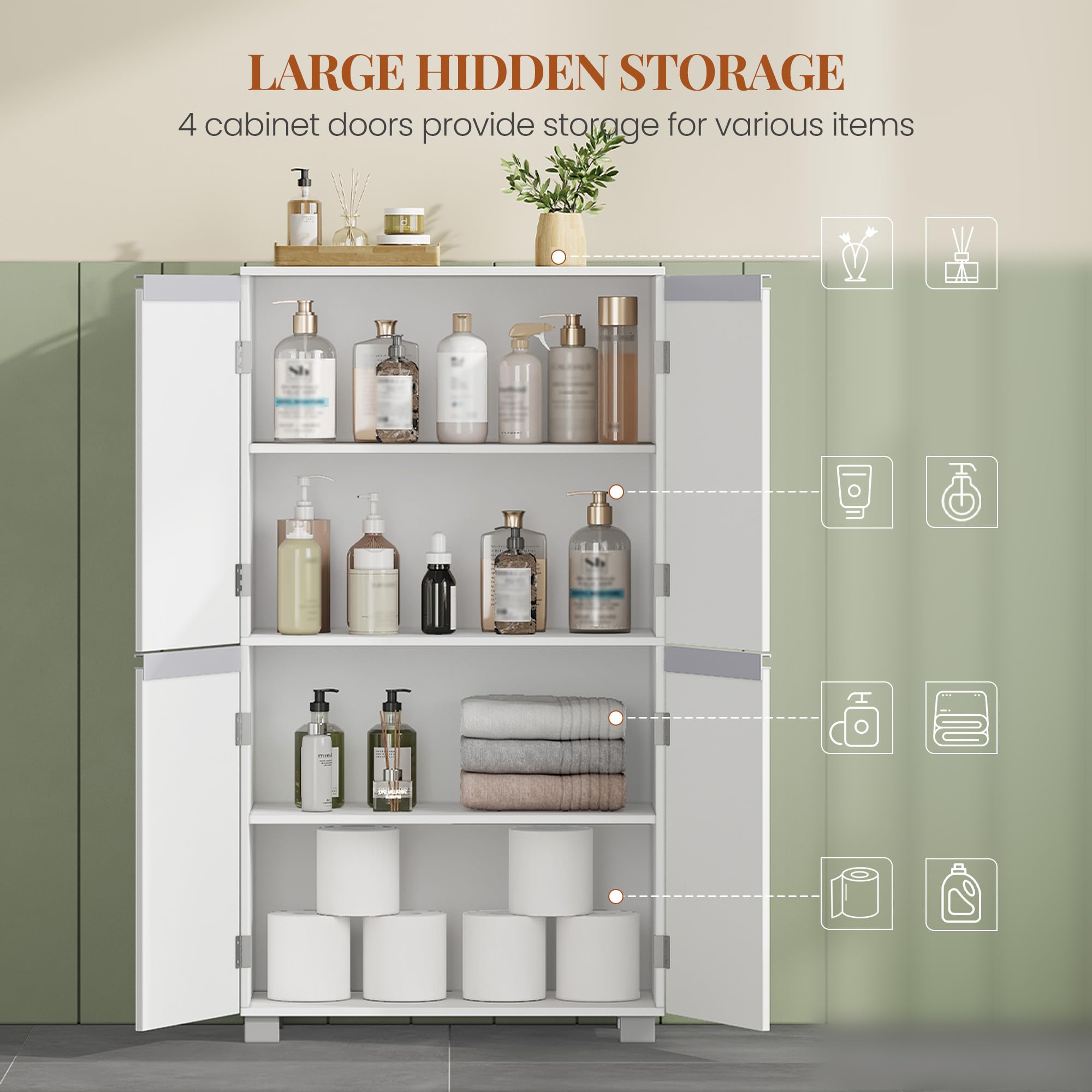HEXCELEN Armoire de Salle de Bain, Meuble de Rangement avec 4 Portes Blanc | Placard de Cuisine avec Étagères Réglables, Adaptée au Salon, à La Salle de Bain, à La Buanderie, 30 x 60 x 110 cm