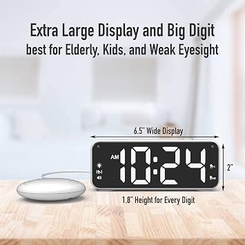 Extreme Powerful Vibration Alarm Clock + Extra Loud Alarm for Heavy Sleeper/Deaf/Hearing Impaired, Extra Large Display for Elderly with Dual Alarm, Snooze and 5-level Adjustable Brightness (WHITE)