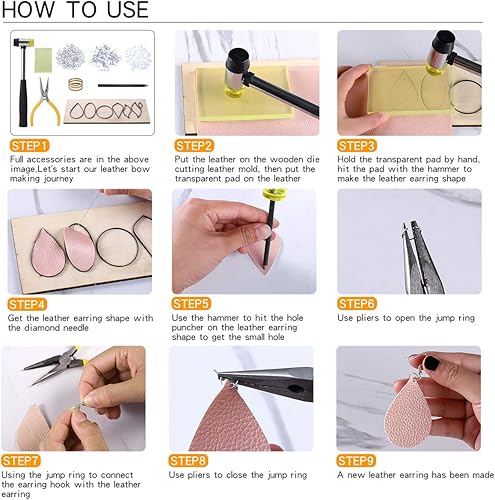 Miniatura 6 de LITCHI Kit de fabricación de aretes de piel sintética para adultos, incluye troquel de corte de madera, parte trasera de aretes y ganchos, anillos