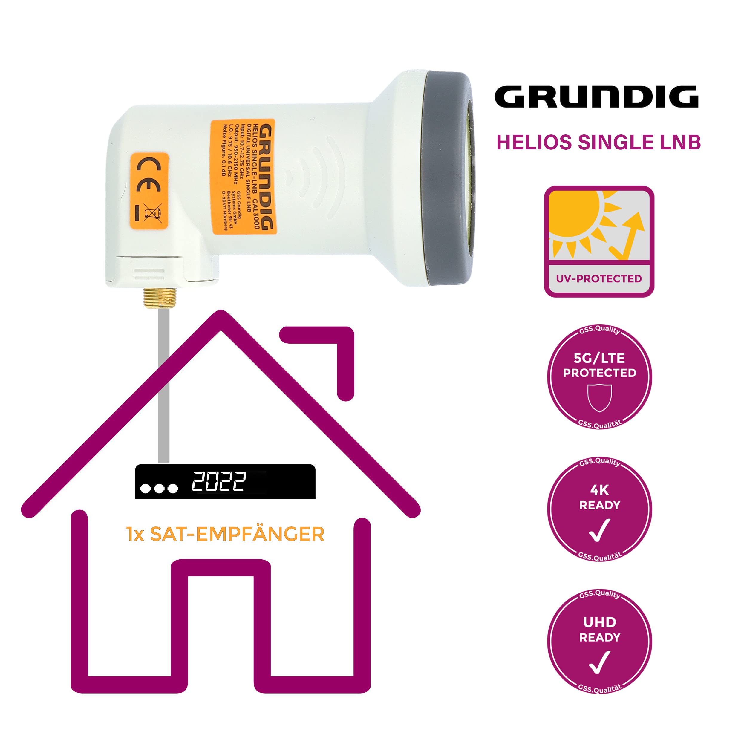 [ Test très bien, note 1.2 *] GSS Helios Single LNB avec blindage LTE et protection solaire UV, 1 compartiment HD, 4 K LMB pour 1 participant, (TV TV, récepteur satellite) LNC pour antenne parabolique