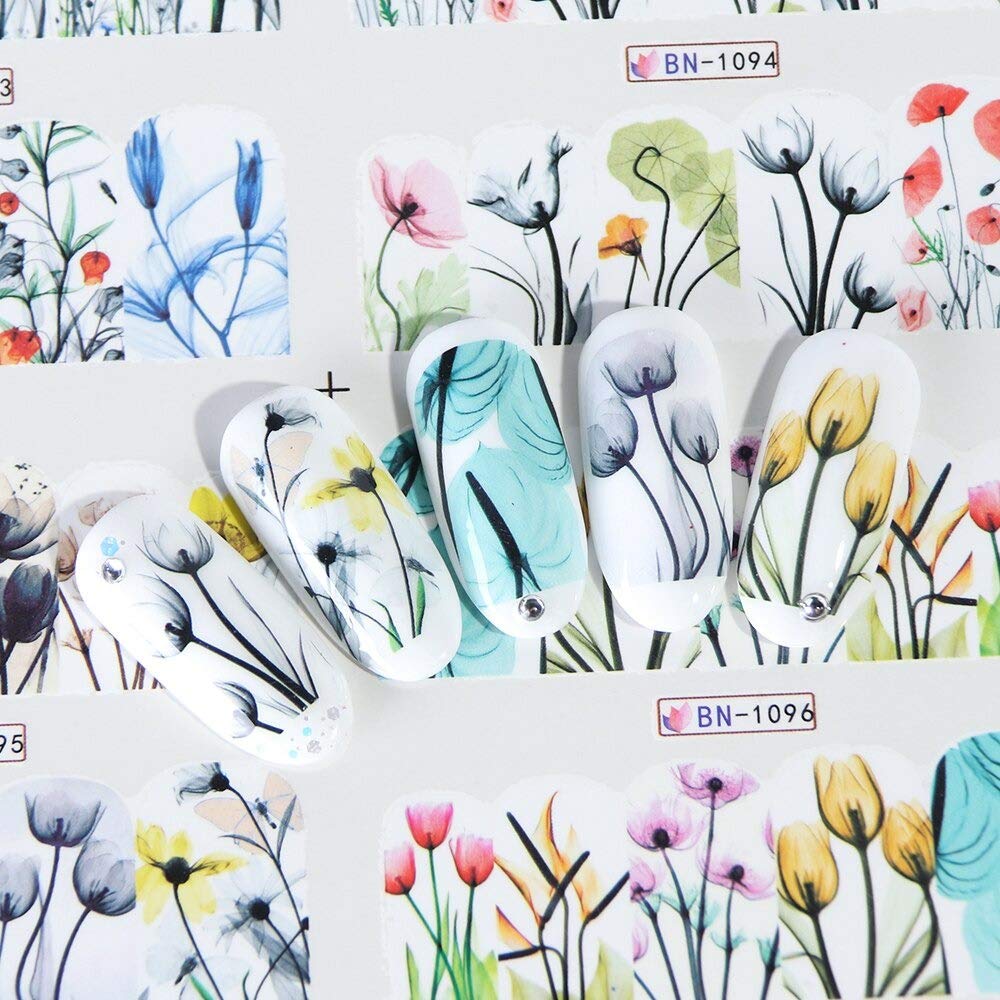 12 Design Fiore in Fiore Trasferimento d'Acqua Adesivo per Unghie Arte Slider Floreale Decalcomania Avvolgente Completa Filigrana sulle Punte delle Unghie