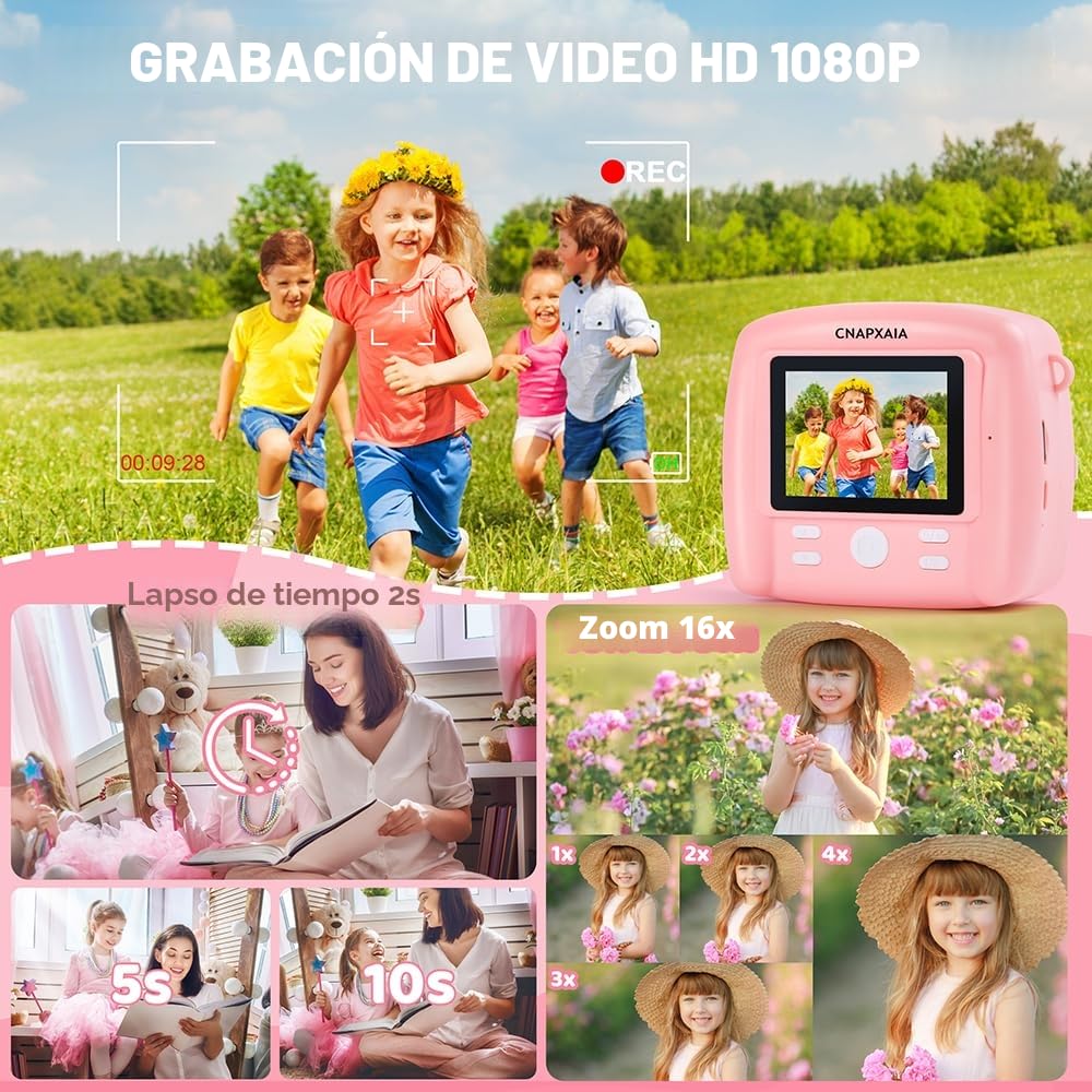 CNAPXAIA Camara Fotos Infantil Instantanea, 2,4'' Cámara Instantánea con Tarjeta de 32GB y Papel de Impresión, Cámara Niños Digital Regalos de Juguete para Niños y Niñas de 3 a 12 Años (Rosa)