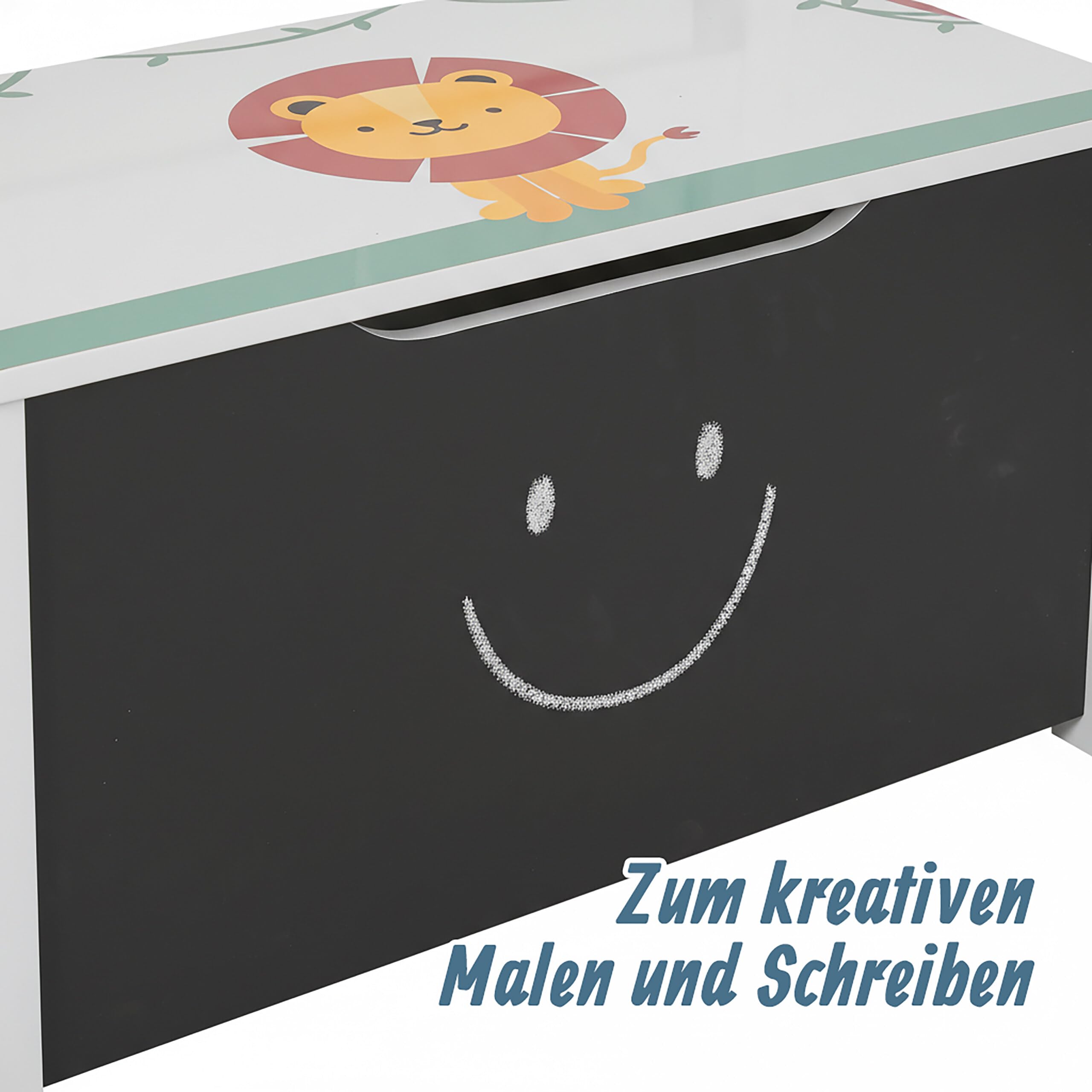 Relaxdays Kinderbank mit Stauraum, Tafel, Rückenlehne, HBT: 55,5 x 57 x 30 cm, Kinder, Löwenmotiv, Spielzeugkiste, bunt