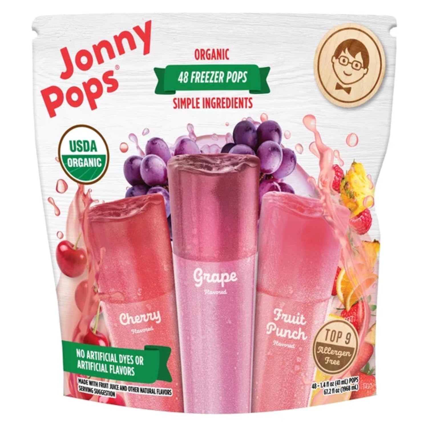 Johnny's Pops Organic Freezer Pops Variety Pack, 48-Count – Grape, Cherry & Fruit Punch – Top 8 Allergen-Free, Vegan, and Kosher by GrisaBox