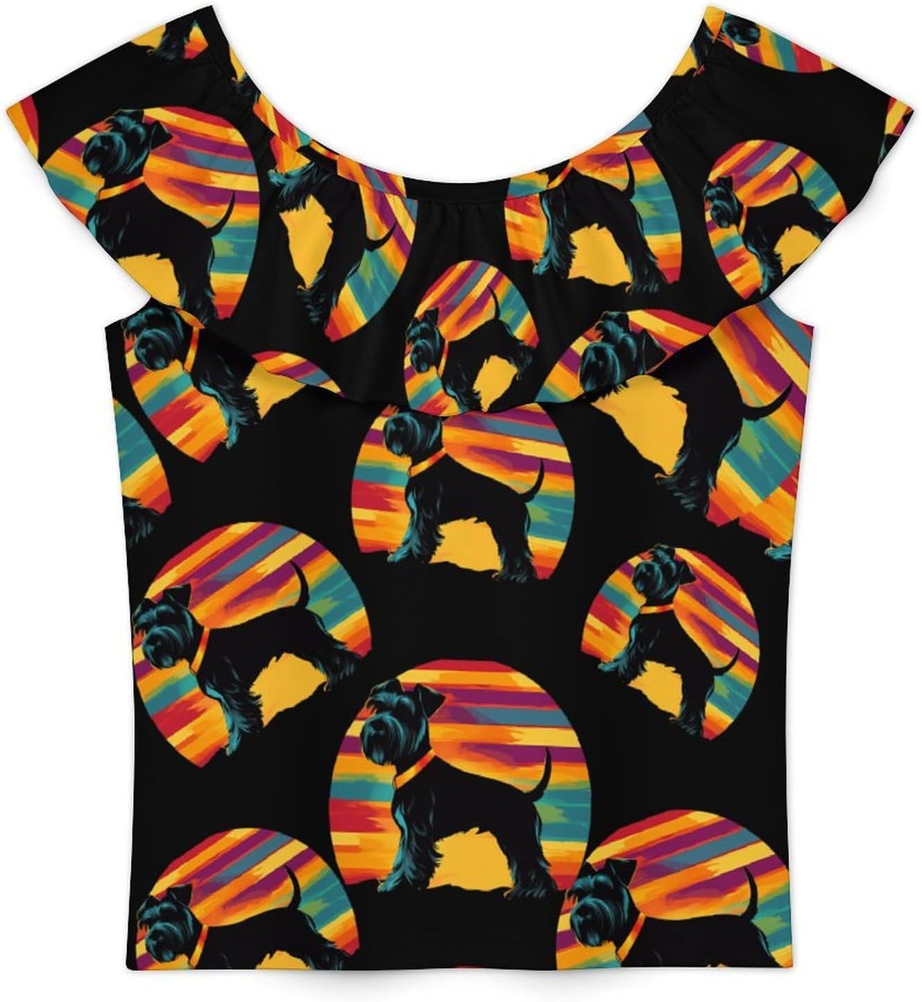 Dog Vintage Sunset Schnauzer Girls T-Shirts Top Ruffle Short Sleeve Blouse Casual Graphic Tees