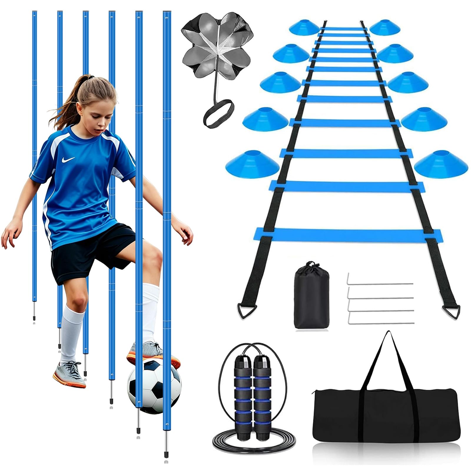 Fußball Trainingsset mit Slalomstangen, Koordinationsleiter 6 m & Hütchen – Vielseitiges Fussball Trainingsset für Koordination, Agilität und Techniktraining