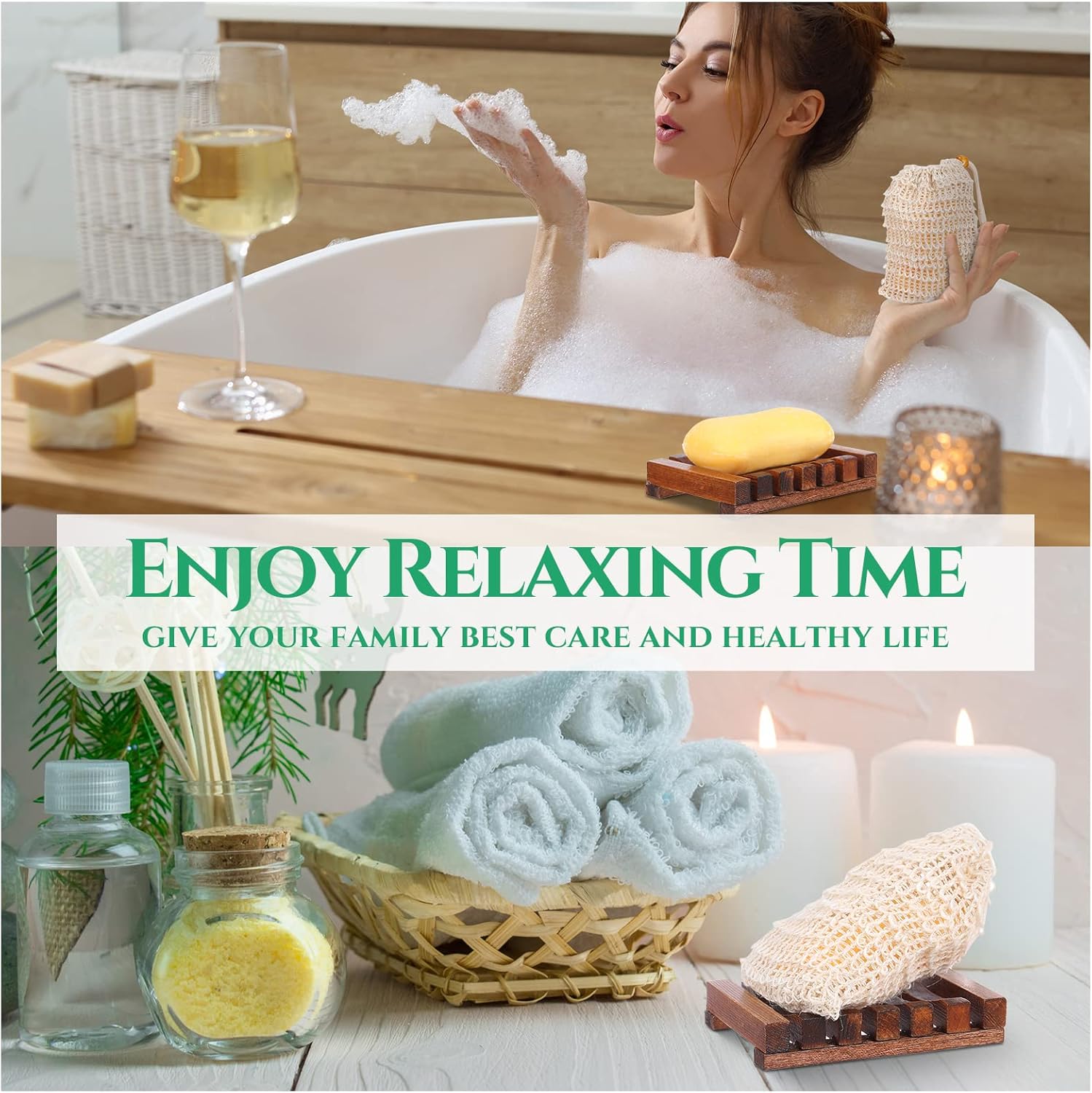 Mumufy 12 Pcs Wood Soap Dish and Exfoliating Bag Set 4.5 x 3.35 x 0.87 inches Self Draining Soap Saver Wood Tray for Bathroom Shower Travel(Brown,Bamboo)