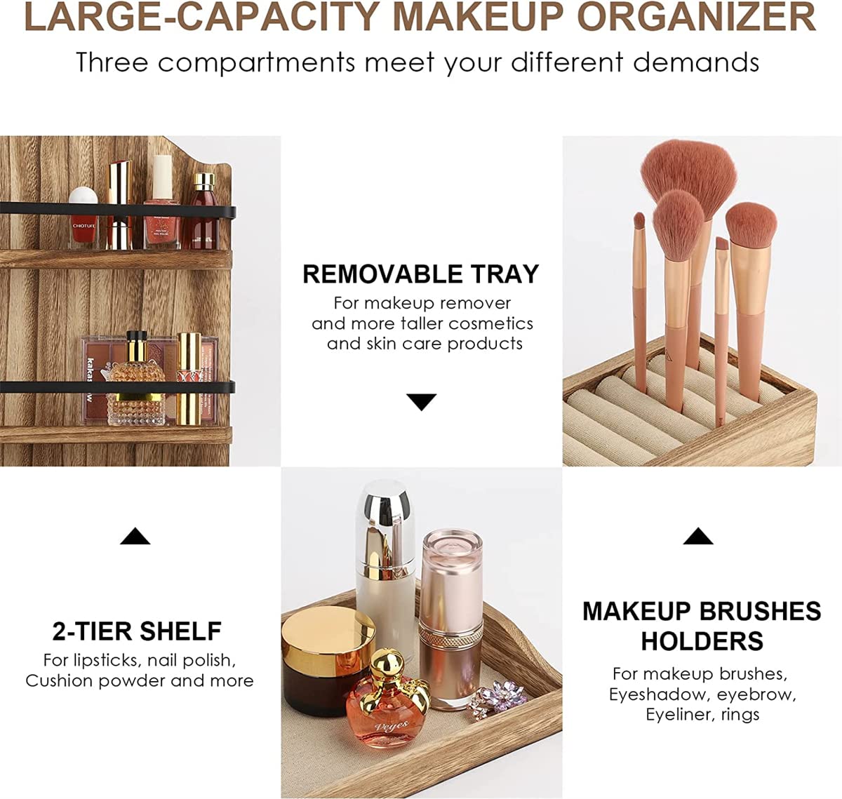 Organizzatore per Trucchi,Organizzatori per la Cura della Pelle in Vero Legno Vetrine per Cosmetici con Porta pennelli per Trucco,Organizzatore per Cosmetici per la Cura della Pelle Cosmetici Smal