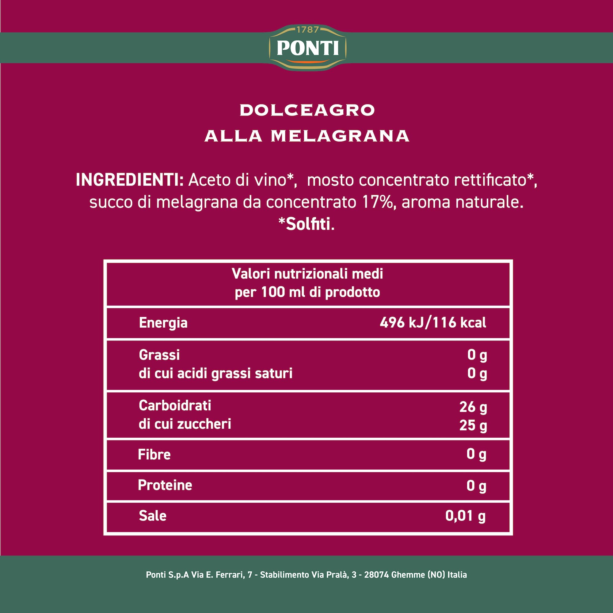 Ponti, DolceAgro alla Melagrana, Gusto Tipico e Amabile, dal Profumo Orientale e dalla Bassa Acidità, Ideale per Insalate e anche per le Carni Bianche, 100% Made in Italy, 6 Bottiglie da 500 ml