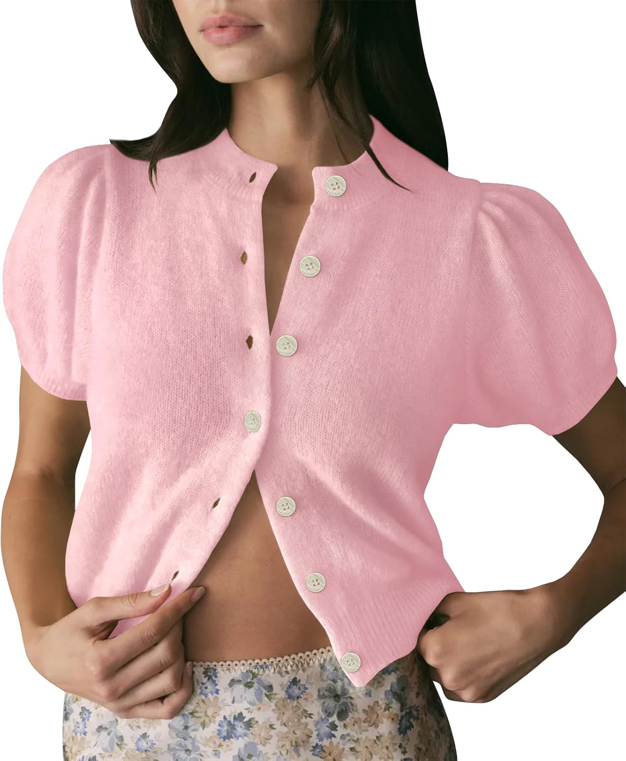 Womens Puff Short Sleeve Cardigan Sweaters Cropped Button up Lightweight Y2k Knit Summer Cardigans