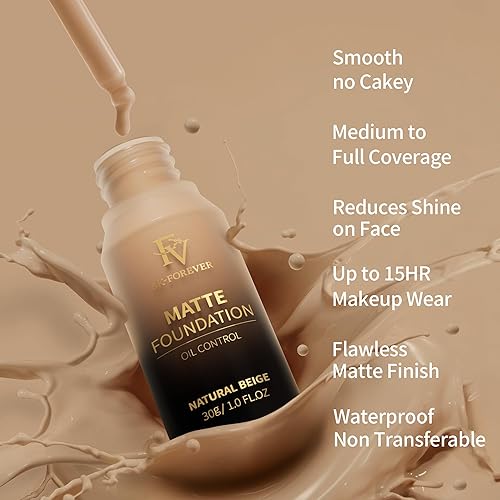 Miniatura 5 de FV Base líquida de cobertura completa, base mate de larga duración con acabado impecable, oculta y minimiza los poros, control de aceite impermeable