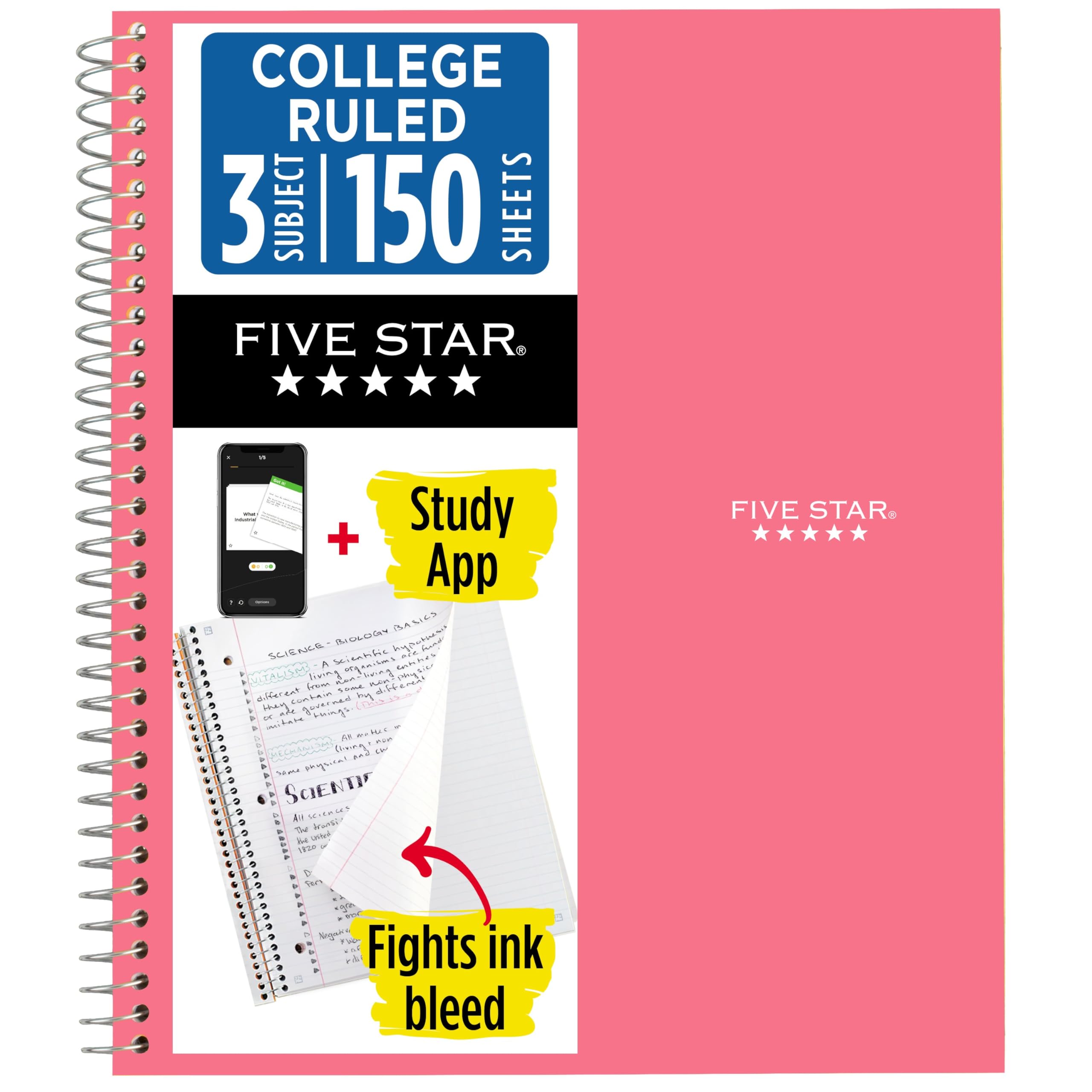 Five Star Spiral Notebook + Study App, 3 Subject, College Ruled Paper, 8-1/2" x 11", 150 Sheets, Fights Ink Bleed, Water Resistant Cover, Prom Pink (